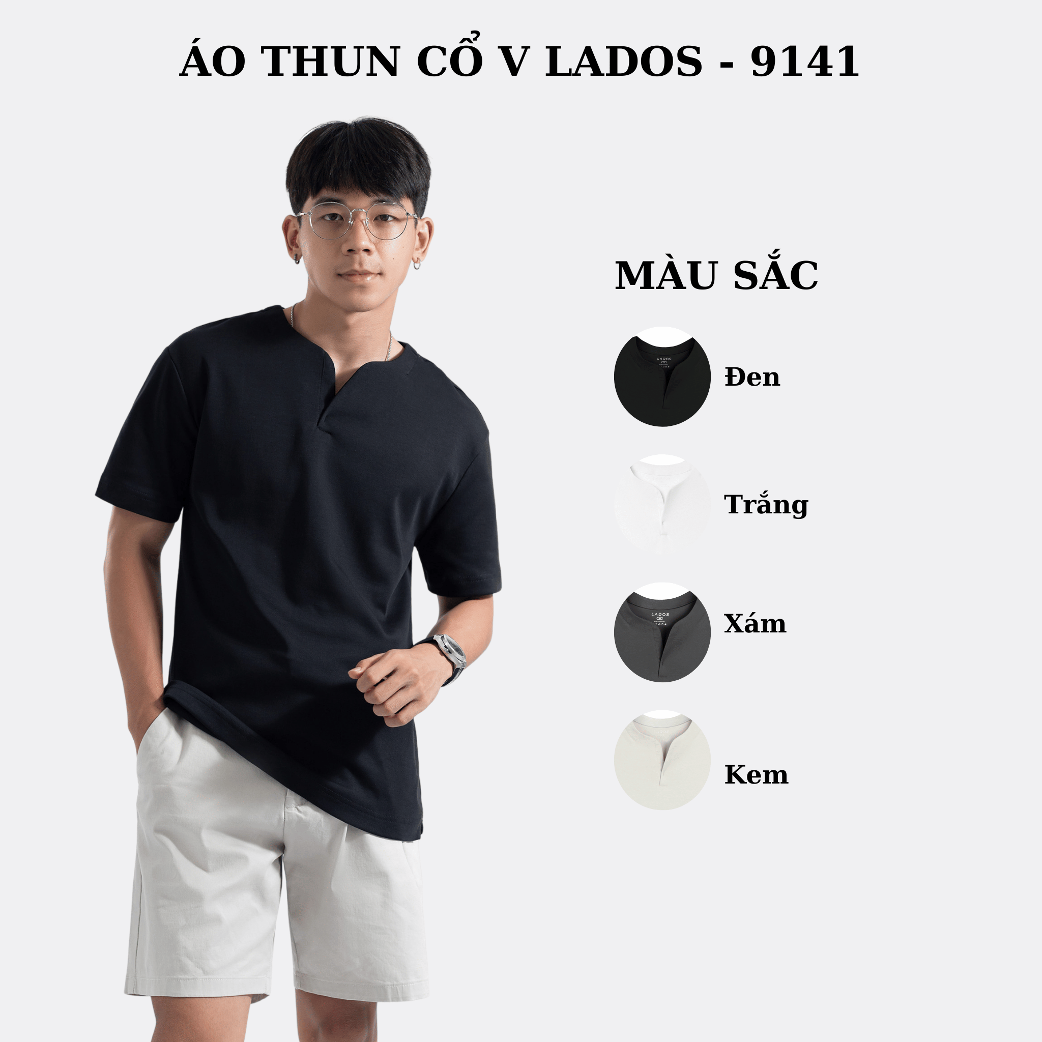 Mô tả Áo thun tay ngắn cổ tròn xẻ V nam nữ cotton interlock 250gsm LADOS-9141 chất dày dặn, thấm hút, phong cách trẻ trung - 1