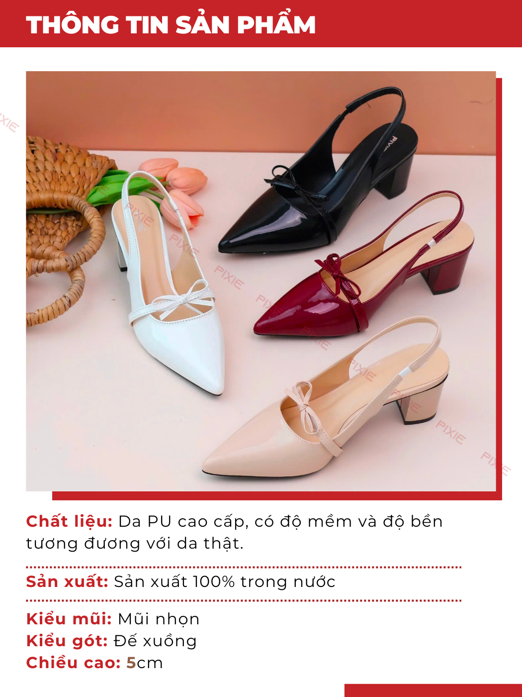 Mô tả Giày Slingback 5cm Da Bóng Quai Nơ Nhỏ Pixie H374 - 2