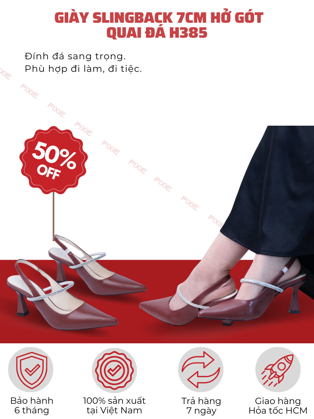 Mô tả Giày Cao Gót Slingback 7cm Quai Ngang Dây Đá Pixie H385 - 1