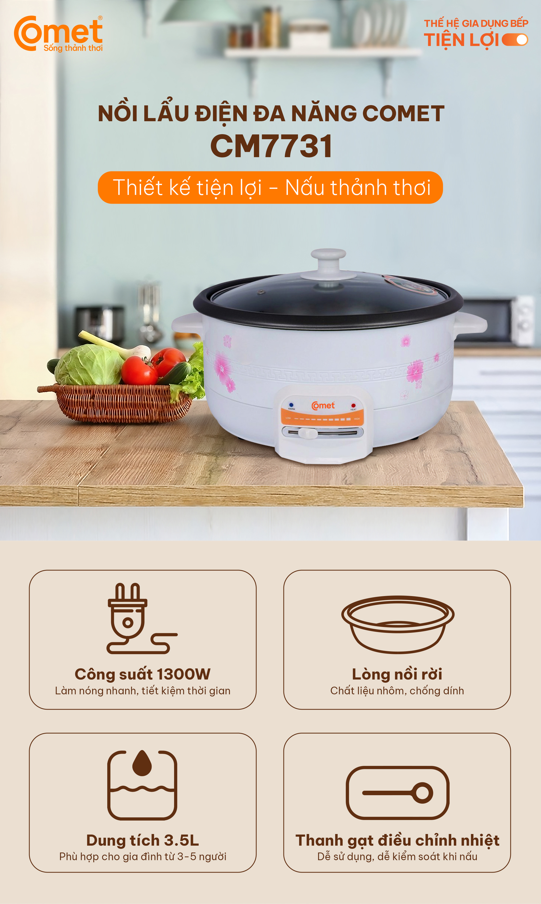 Mô tả Nồi lẩu điện COMET sôi nhanh dễ vệ sinh - 2