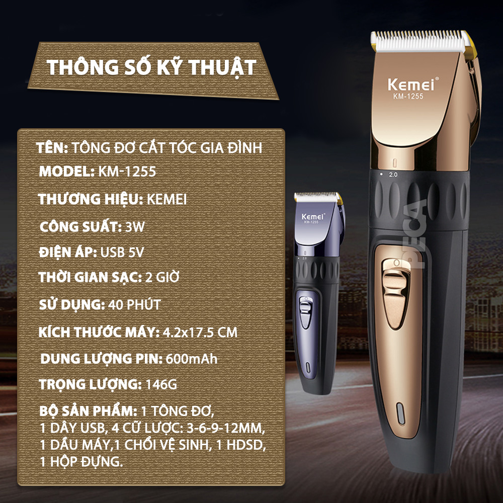 Mô tả Tông đơ cắt tóc không dây Kemei KM-1255 dùng cho cá nhân và gia đình - Hàng chính hãng - 12