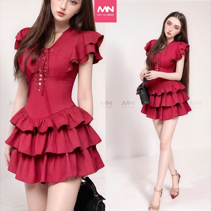 Mô tả Đầm xoè tầng MINA dự tiệc chất Cotton màu đỏ đô thiết kế quyến rũ trẻ trung MN307 - 1
