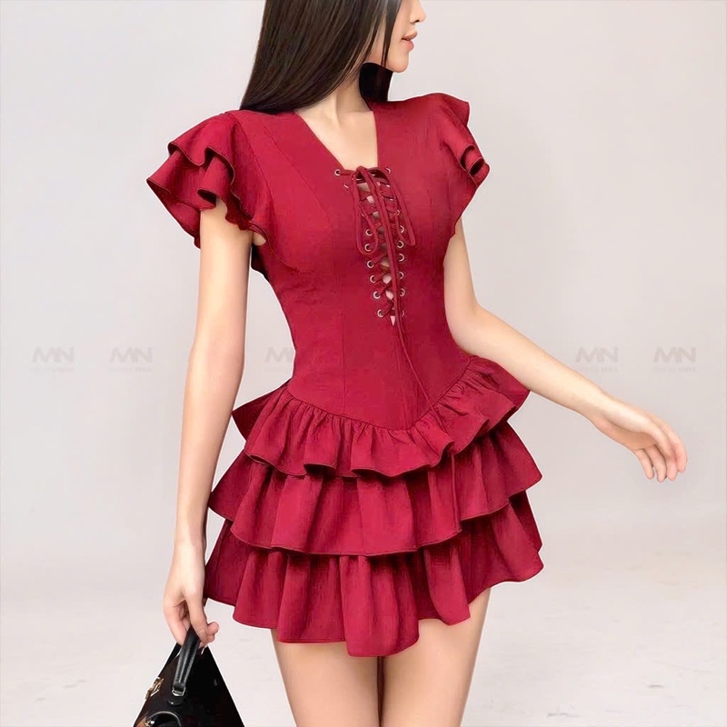 Mô tả Đầm xoè tầng MINA dự tiệc chất Cotton màu đỏ đô thiết kế quyến rũ trẻ trung MN307 - 2