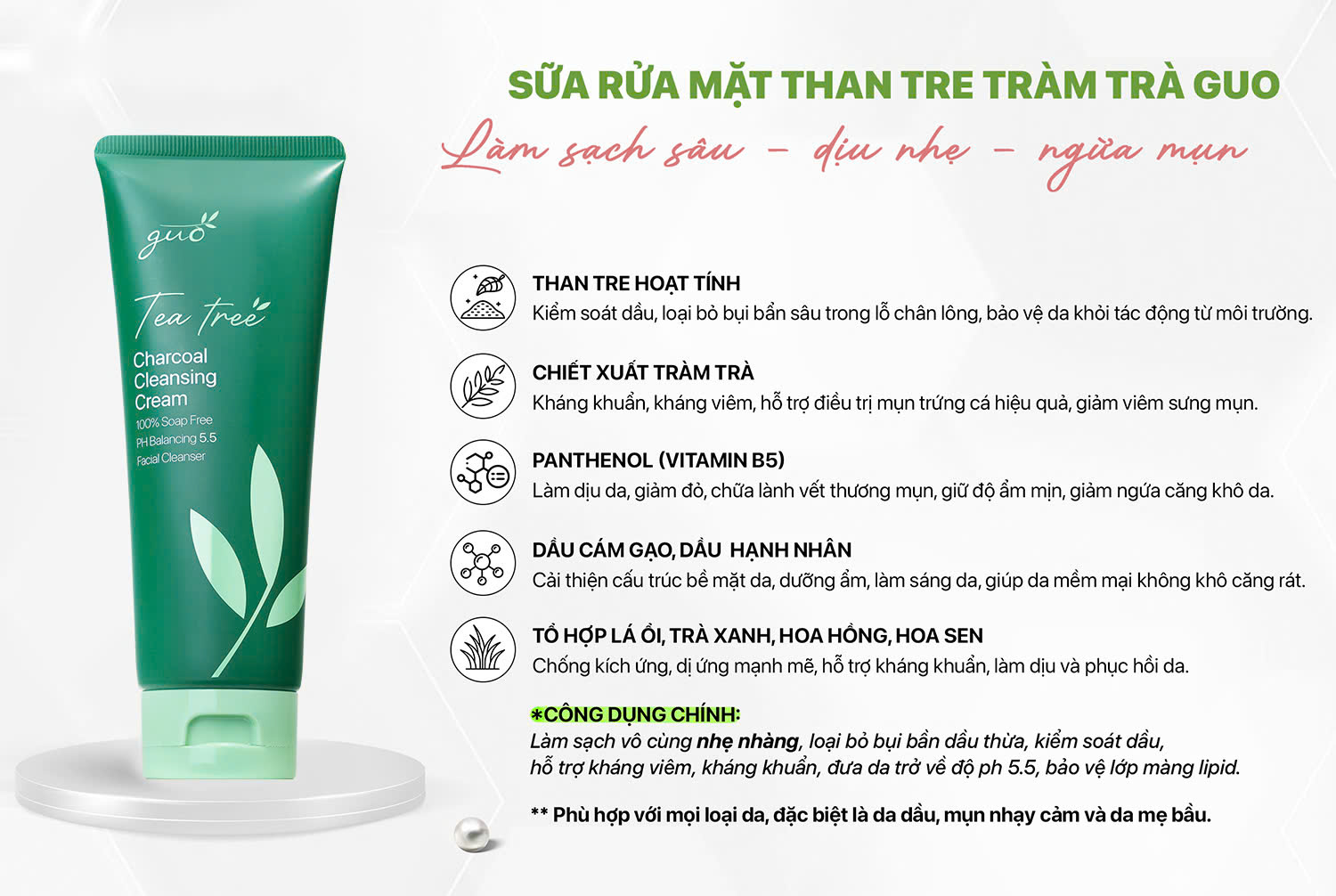 Mô tả Sữa Rửa Mặt Than Tre Tràm Trà An Toàn Cho Bà Bầu pH 5.5, Không Sulfate, Kiềm Dầu, Ngừa Mụn Hiệu Quả GUO 100g - 1