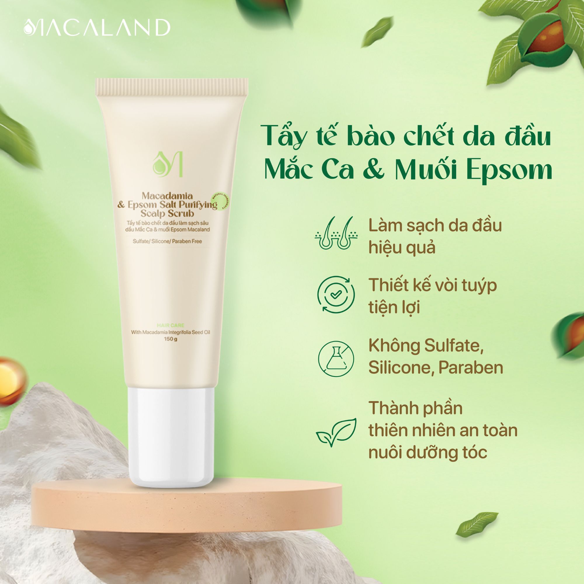 Mô tả Tẩy Tế Bào Chết Da Đầu Mắc Ca & Muối Epsom 150g MACALAND Làm Sạch, Giúp Tóc Chắc Khỏe - 1