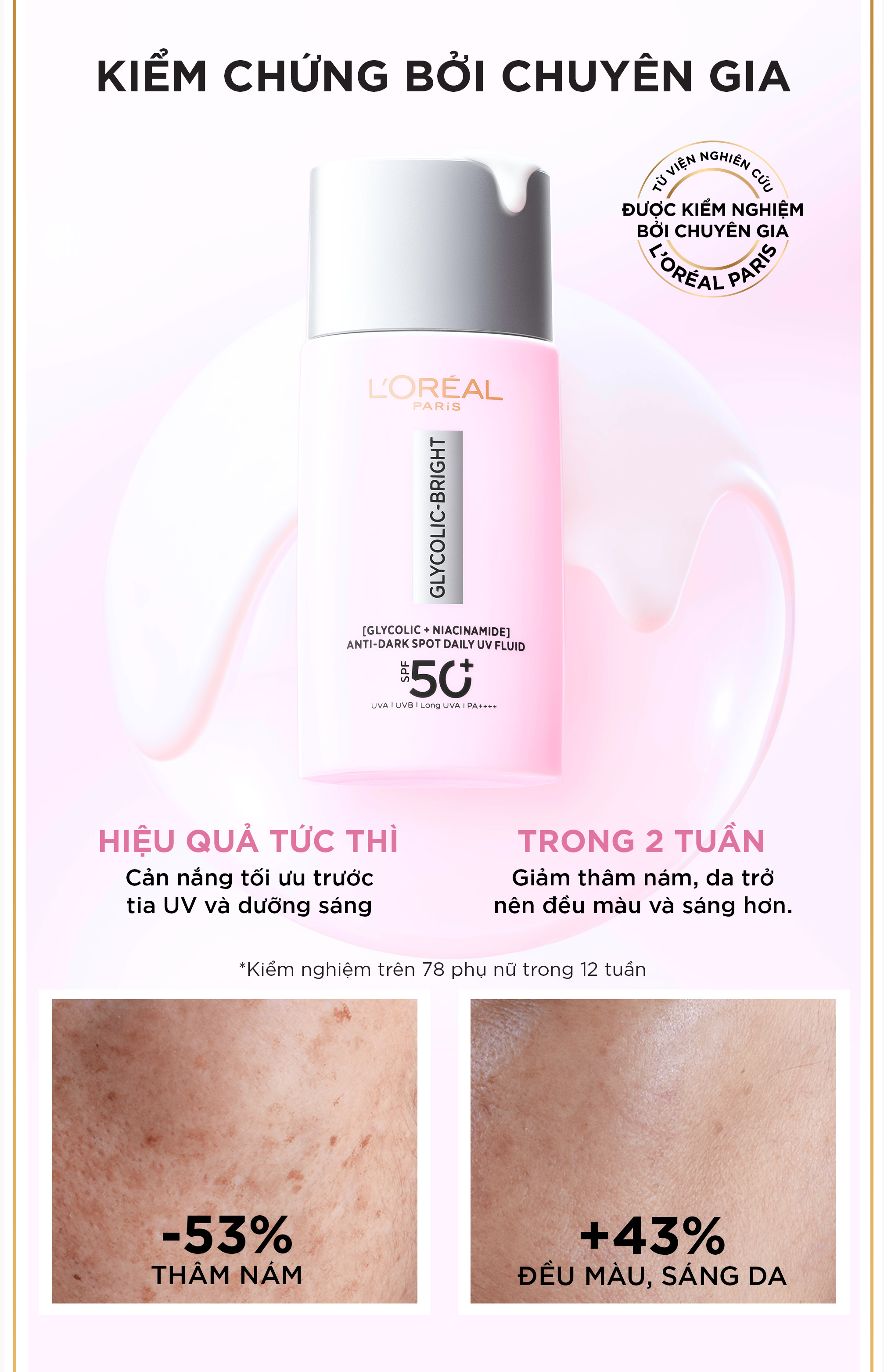 Mô tả Sữa chống nắng phổ rộng mỏng nhẹ bảo vệ da và dưỡng sáng mờ thâm nám Glycolic Bright Anti-Dark Spot L’Oréal Paris 50ml - 2