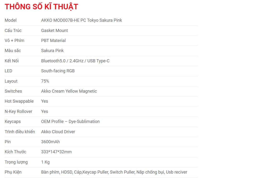 Mô tả Tặng quạt tản nhiệt 529k - Bàn phím AKKO MOD007B-HE PC Tokyo Sakura Pink Magnetic Switch - 10