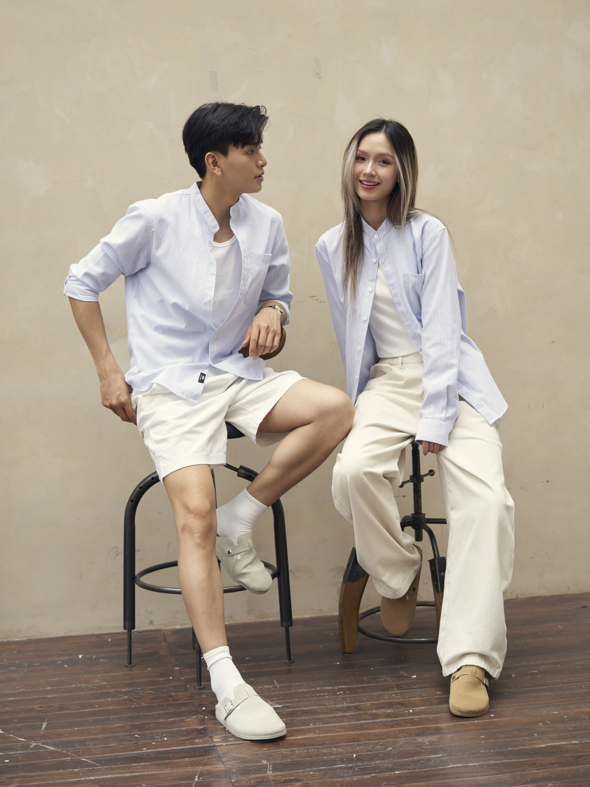 Áo Sơ Mi Nam Cổ Trụ Cotton Oxford Form Suông DENIMST 355 - Kẻ Ghi