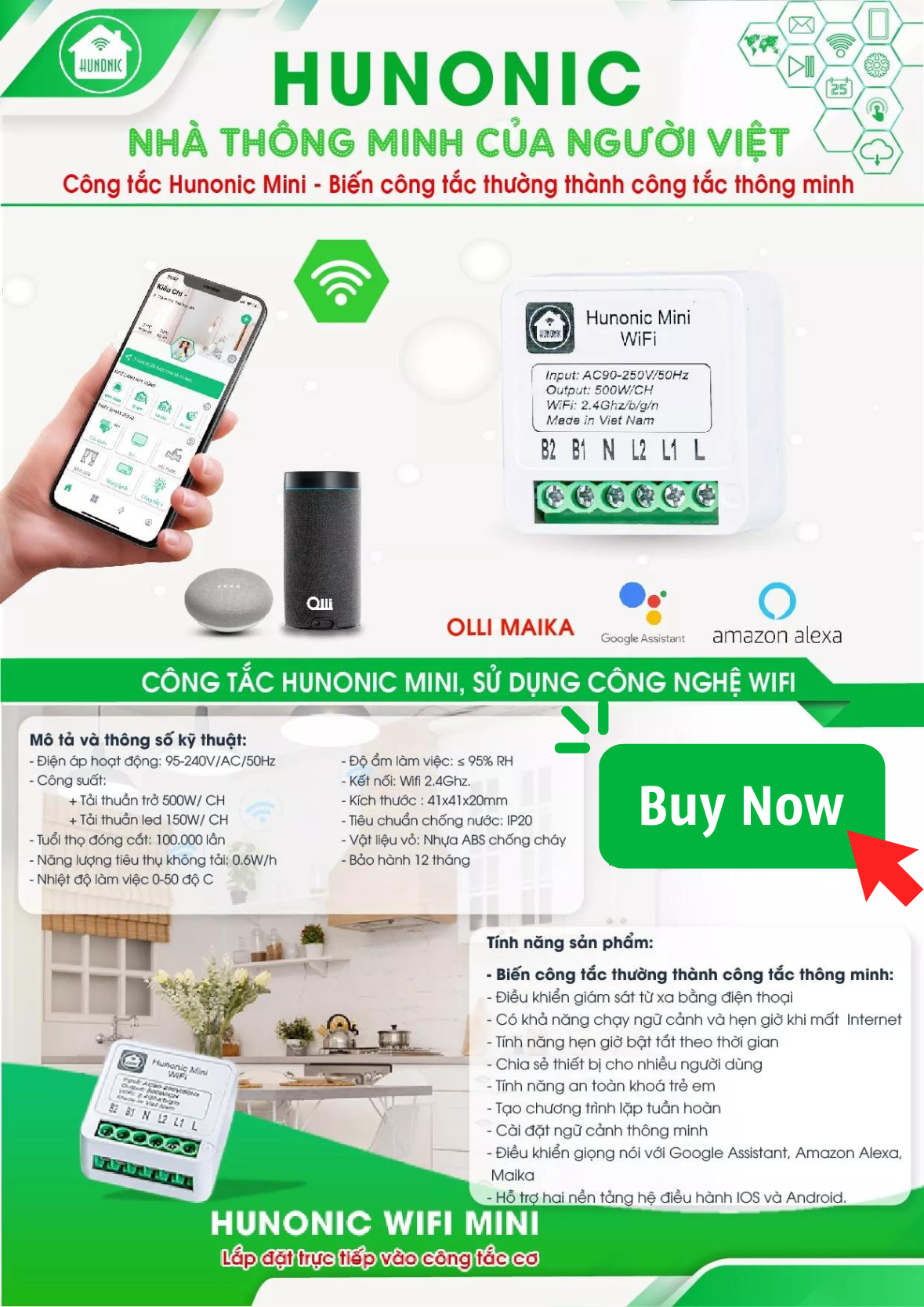 Công Tắc Thông Minh Kết Nối Wifi Hunonic Mini, Biến Công Tắc Thường ...