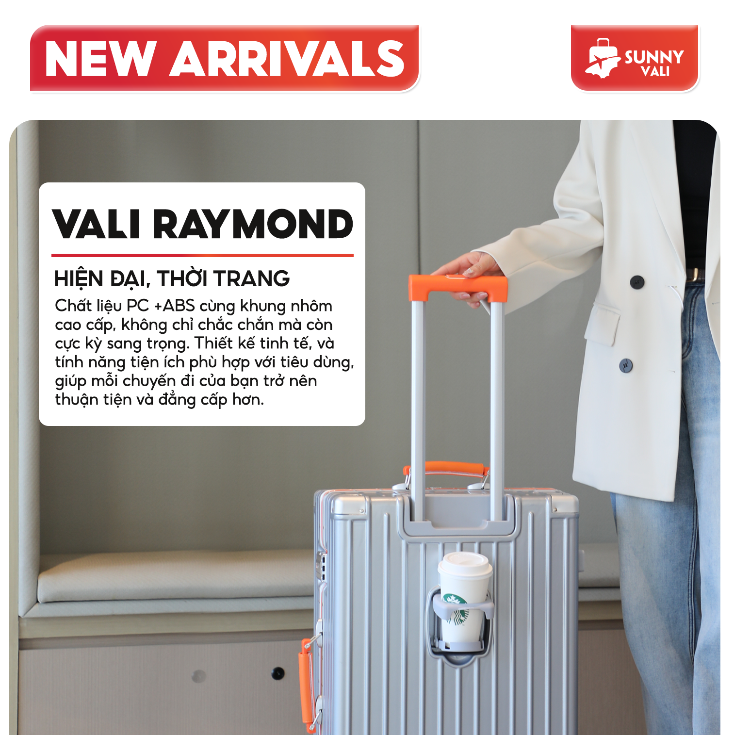Mô tả Vali SUNNY Raymond - vali khung nhôm nhựa PC + ABS - ngăn đựng cốc, cổng sạc tiện ích 20/24/28 inch - 1