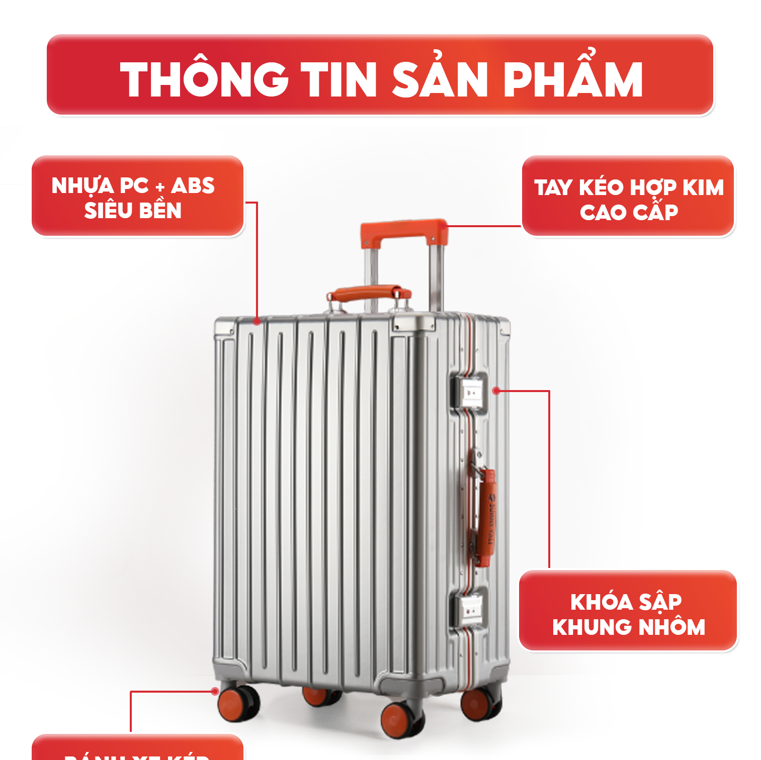 Mô tả Vali SUNNY Raymond - vali khung nhôm nhựa PC + ABS - ngăn đựng cốc, cổng sạc tiện ích 20/24/28 inch - 4