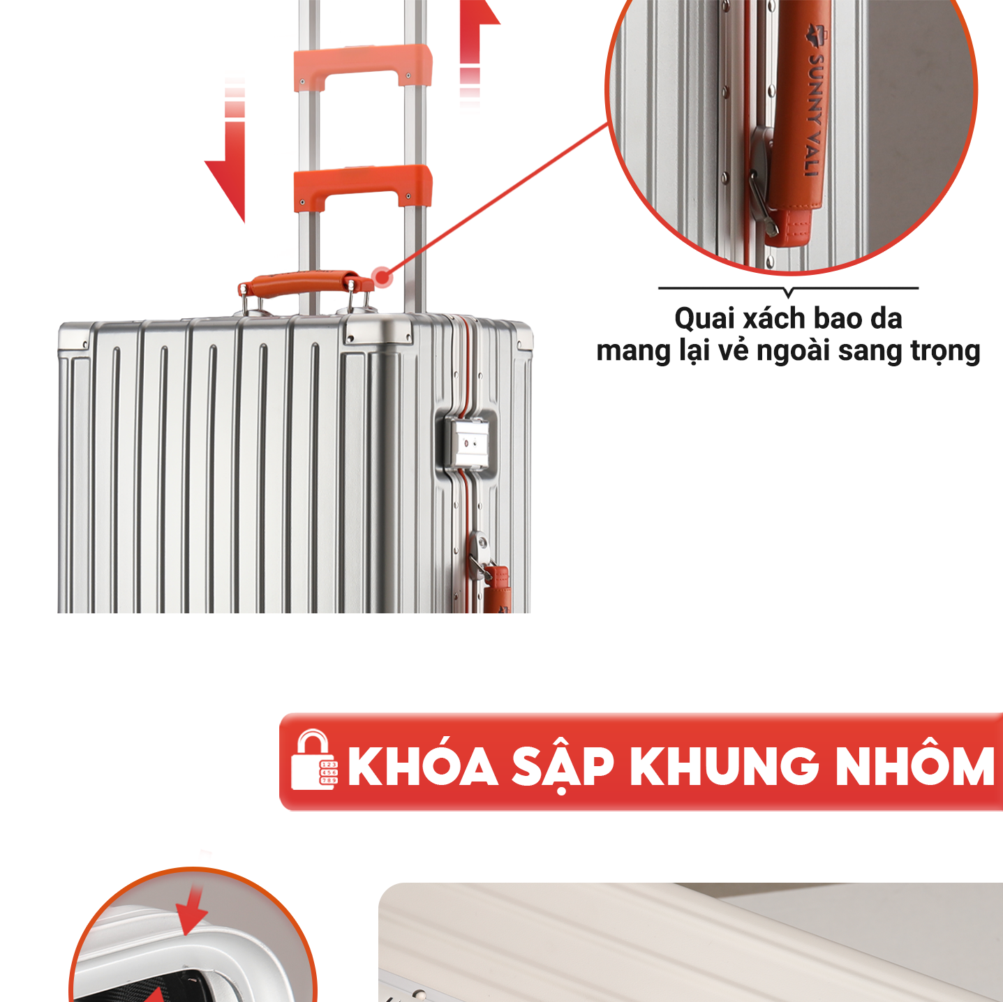 Mô tả Vali SUNNY Raymond - vali khung nhôm nhựa PC + ABS - ngăn đựng cốc, cổng sạc tiện ích 20/24/28 inch - 7