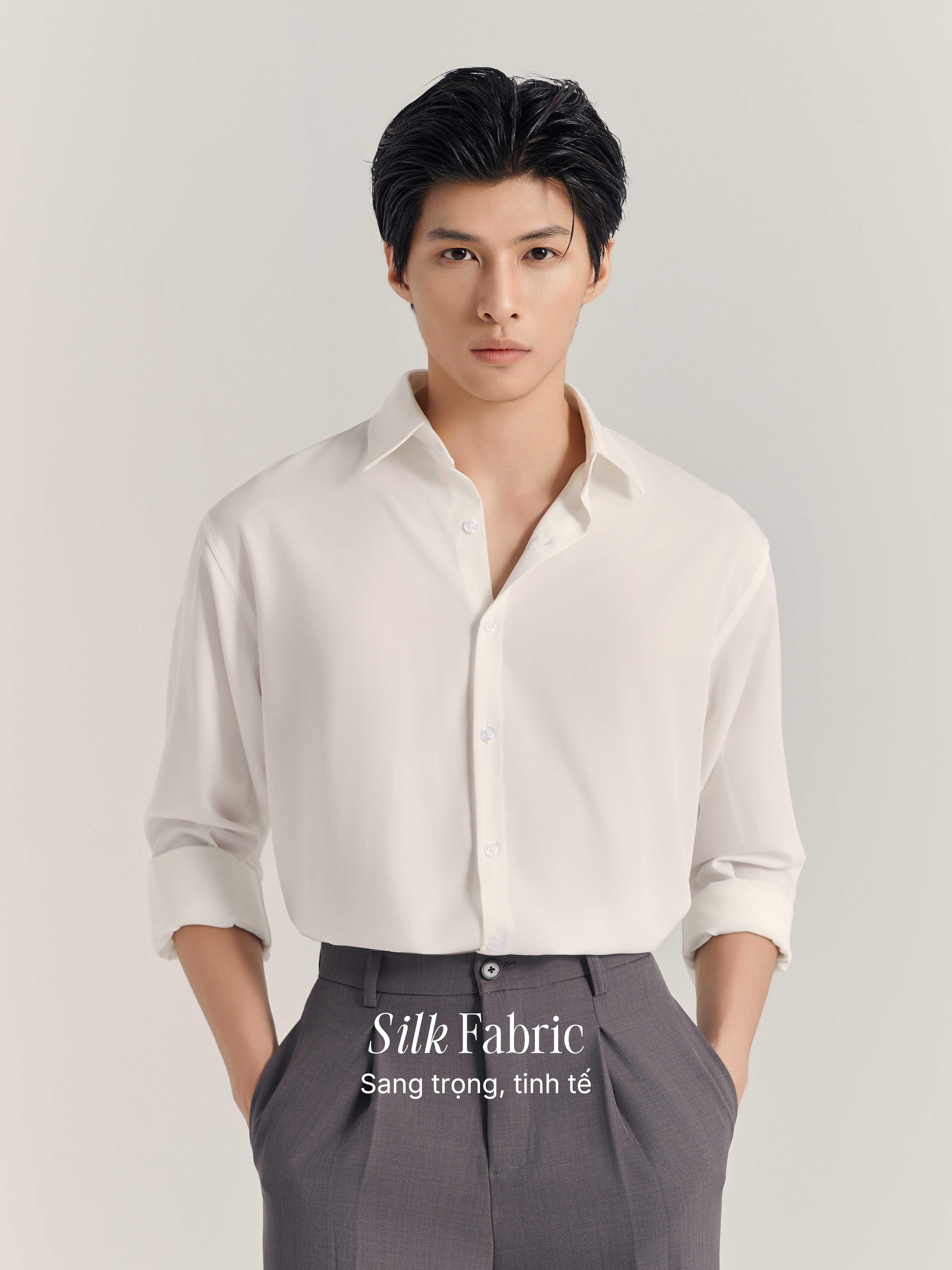 Mô tả Áo sơ mi nam tay dài JBAGY Pastel sơ mi trắng form rộng, vải lụa tăm cao cấp phong cách Hàn Quốc - 1