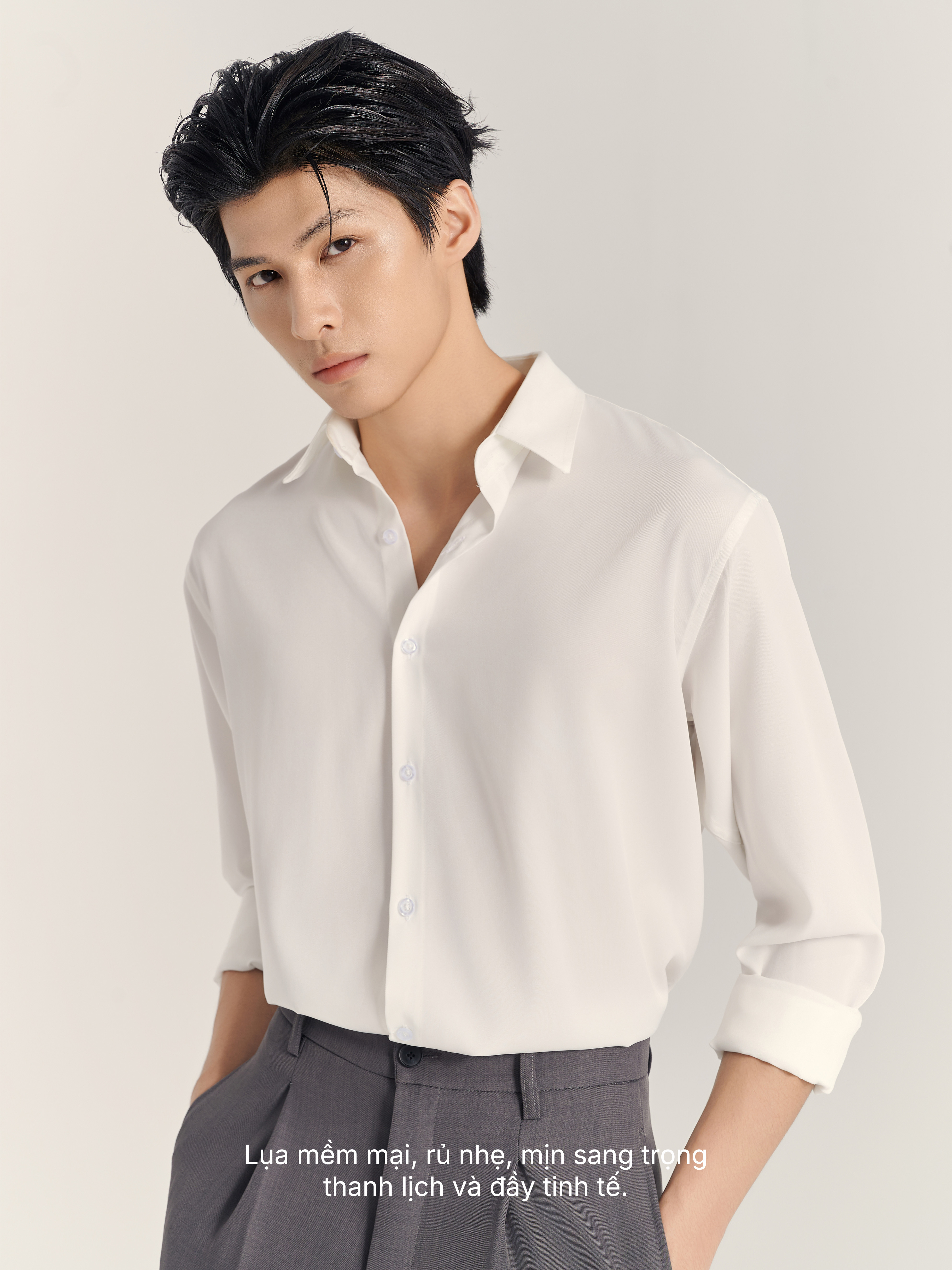 Mô tả Áo sơ mi nam tay dài JBAGY Pastel sơ mi trắng form rộng, vải lụa tăm cao cấp phong cách Hàn Quốc - 2