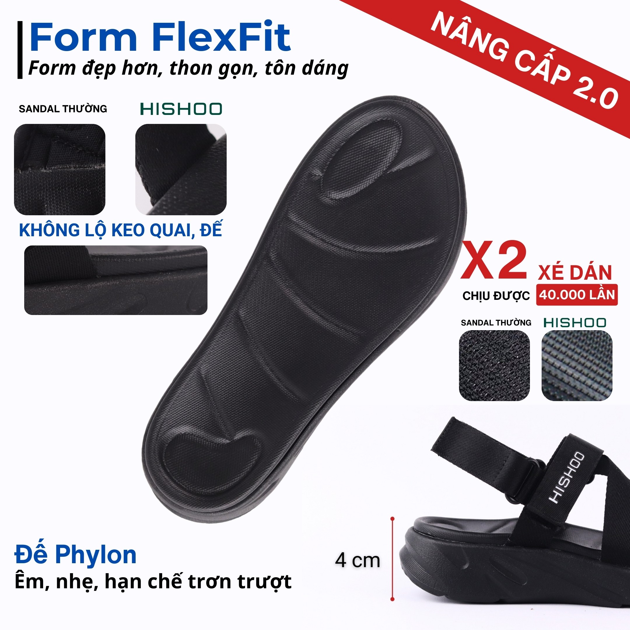 Mô tả Giày Sandal Dù Sport Nhẹ Êm Đi Học Đi Làm Đi Chơi Đế Cao 4 Cm Xé dán quai chéo quai dù nam, nữ HISHOO F001 - 6