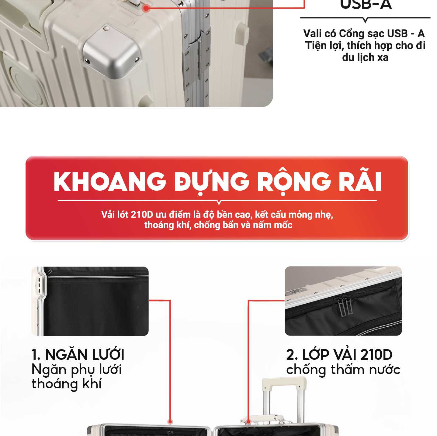 Mô tả Vali SUNNY Raymond - vali khung nhôm nhựa PC + ABS - ngăn đựng cốc, cổng sạc tiện ích 20/24/28 inch - 9