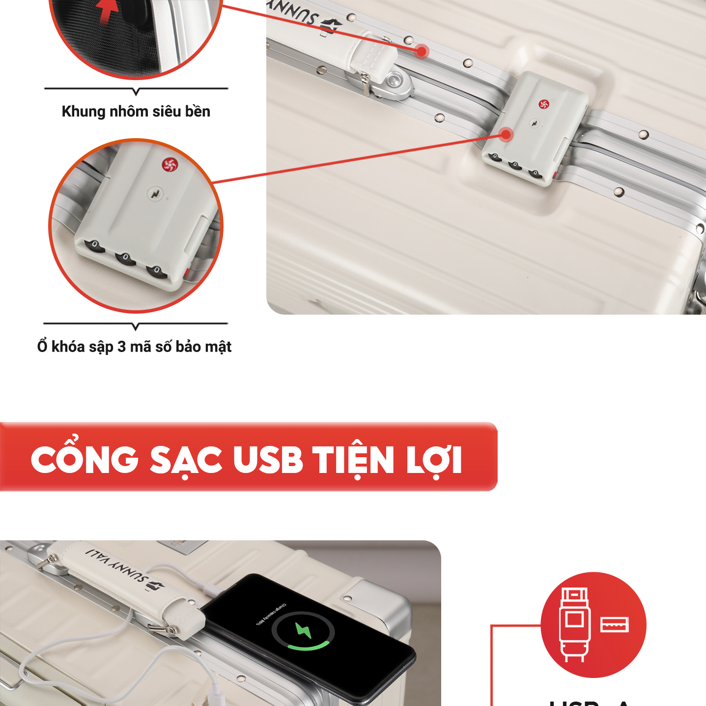 Mô tả Vali SUNNY Raymond - vali khung nhôm nhựa PC + ABS - ngăn đựng cốc, cổng sạc tiện ích 20/24/28 inch - 8