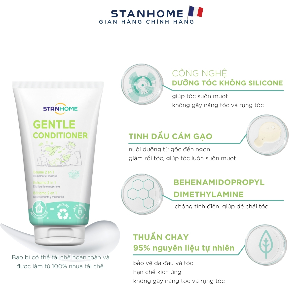 Mô tả Dầu xả dưỡng tóc tinh chất cám gạo không silicone cho tóc suôn mượt Stanhome Gentle Conditioner 150ml - 1