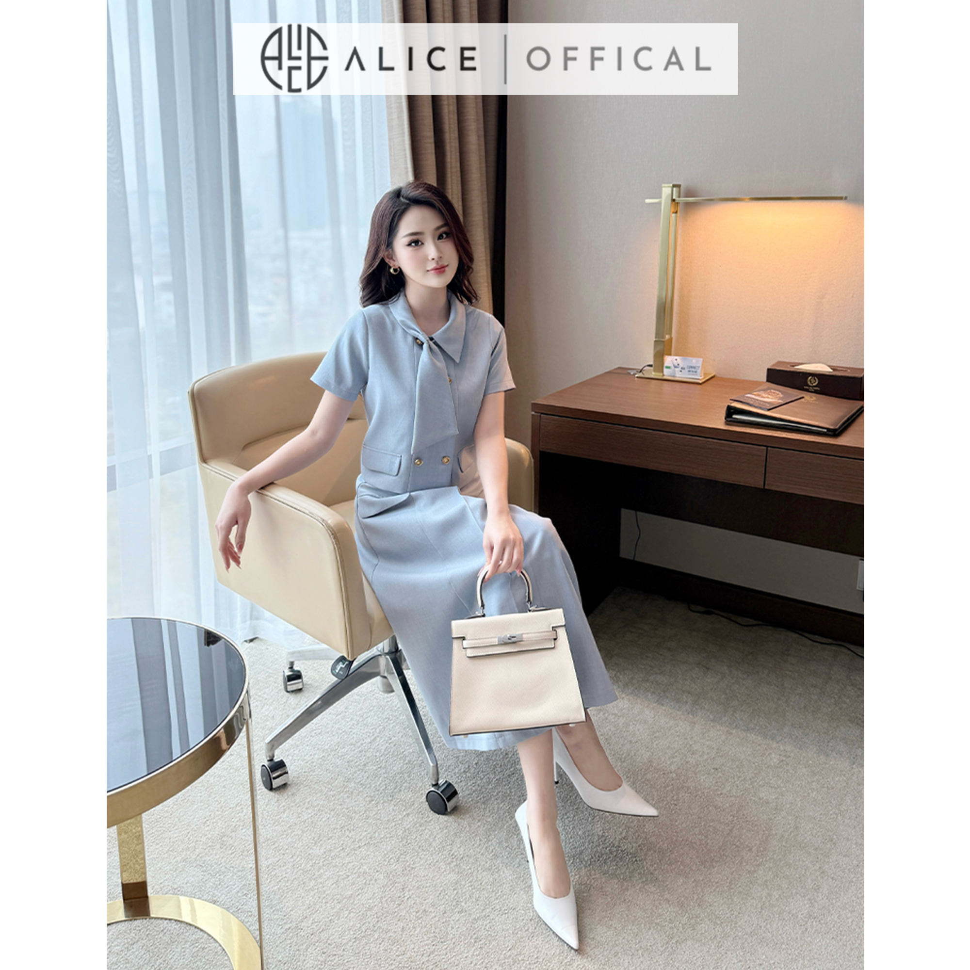 Mô tả Set Váy Công Sở Thanh Lịch Alice Chất Tuytsi, Áo Ngắn Tay Cổ Sơ Mi Phối Vạt Kèm Chân Váy Dài Xếp Ly S845 - 6
