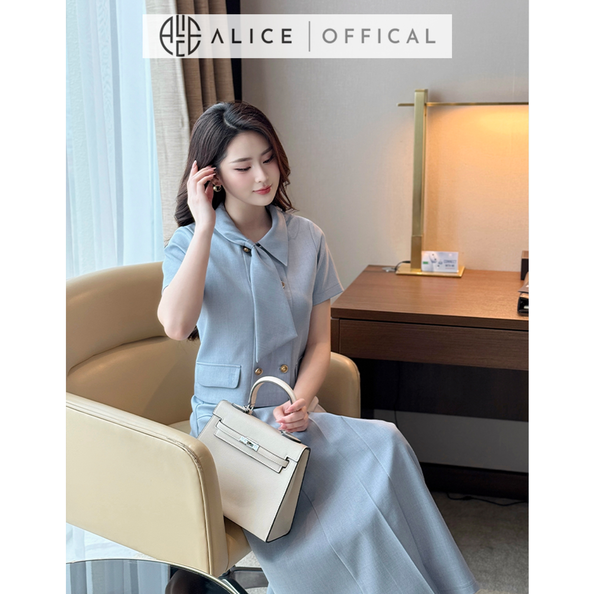 Mô tả Set Váy Công Sở Thanh Lịch Alice Chất Tuytsi, Áo Ngắn Tay Cổ Sơ Mi Phối Vạt Kèm Chân Váy Dài Xếp Ly S845 - 5