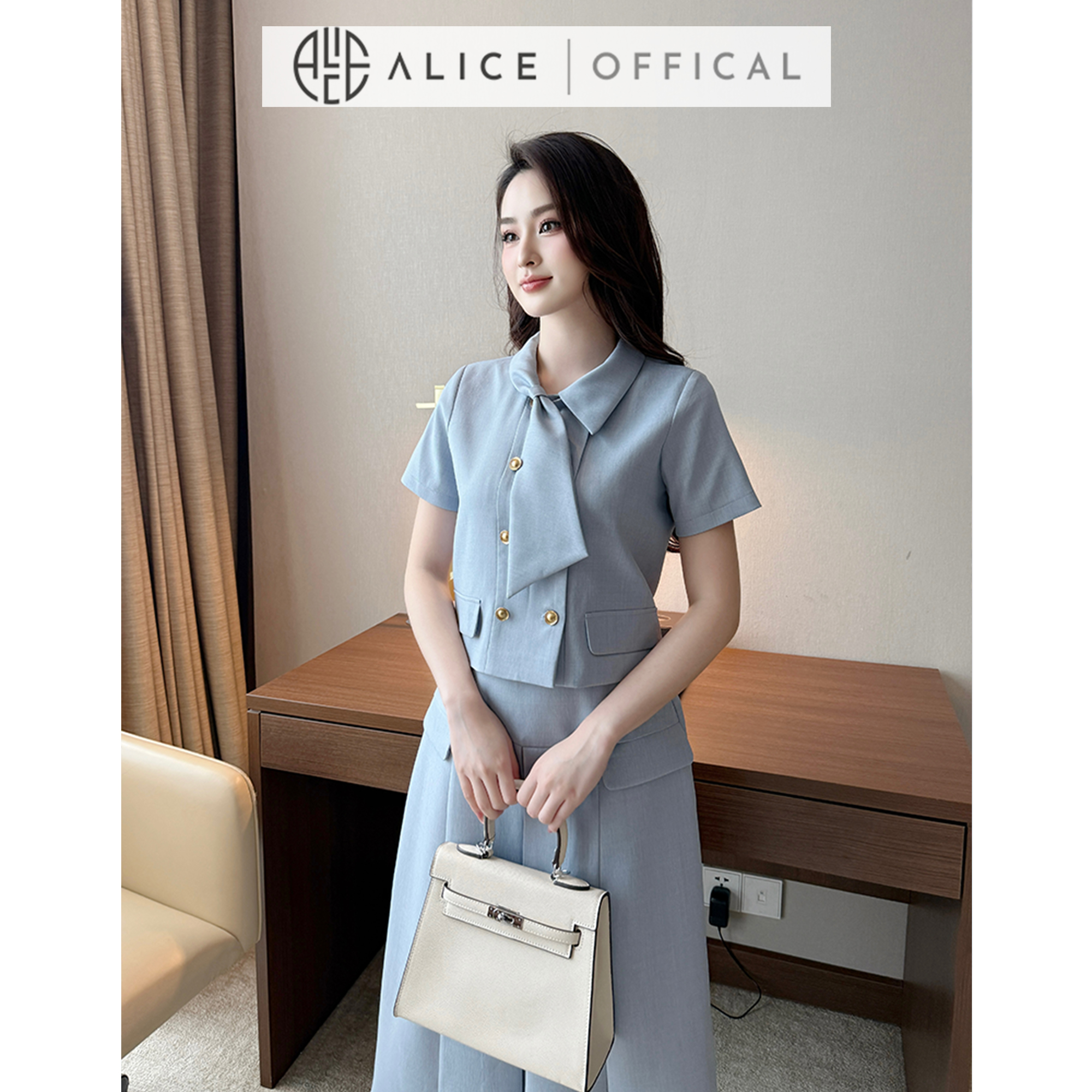 Mô tả Set Váy Công Sở Thanh Lịch Alice Chất Tuytsi, Áo Ngắn Tay Cổ Sơ Mi Phối Vạt Kèm Chân Váy Dài Xếp Ly S845 - 3