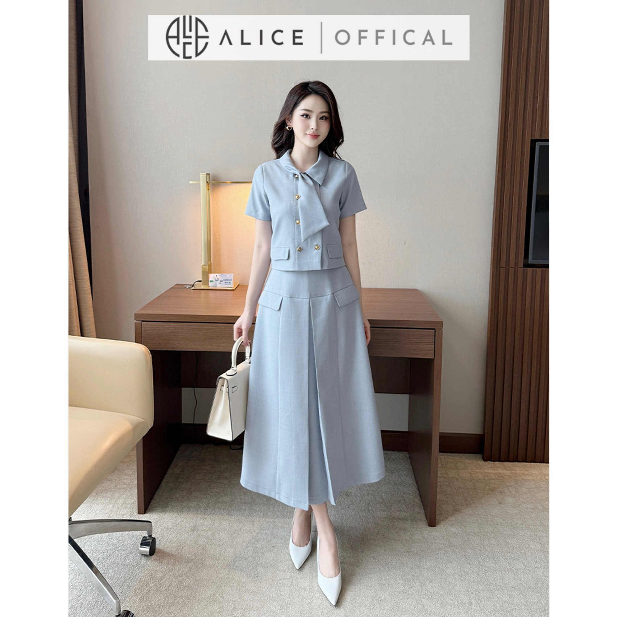 Mô tả Set Váy Công Sở Thanh Lịch Alice Chất Tuytsi, Áo Ngắn Tay Cổ Sơ Mi Phối Vạt Kèm Chân Váy Dài Xếp Ly S845 - 2