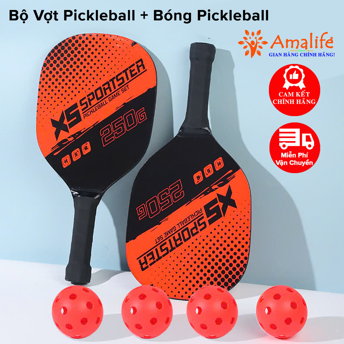 Mô tả Bộ 2 Vợt Pickleball Gỗ In UV Bền Đẹp Kèm 4 Bóng 26 Lỗ Nhựa PE Độ Nảy Chuẩn Thi Đấu Pickleball Hãng Amalife - 1