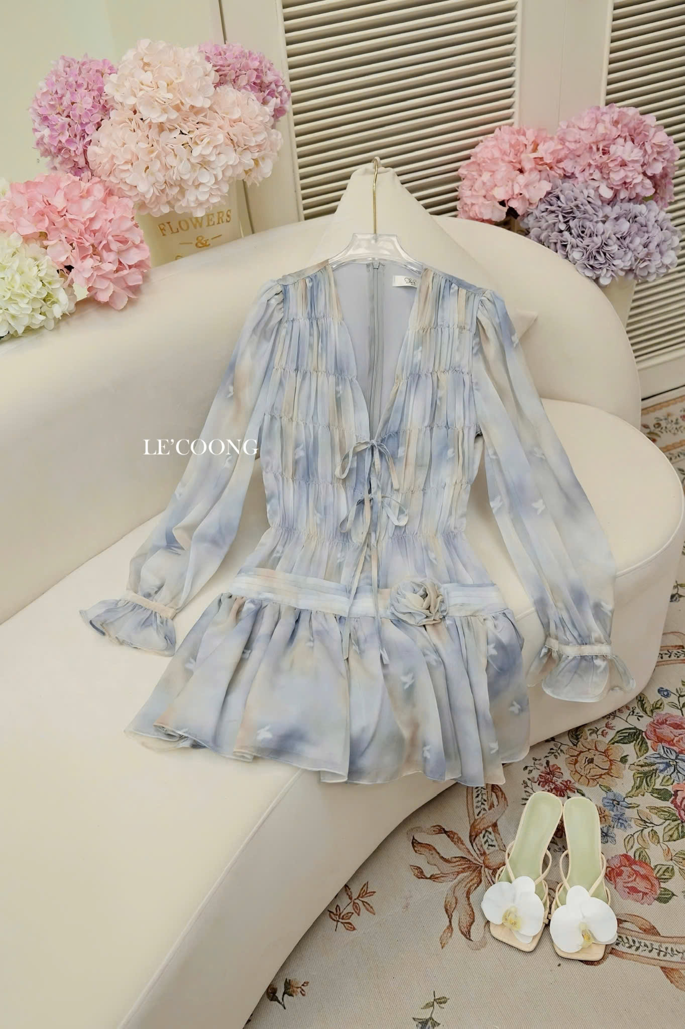 Mô tả Váy Tiểu Thư Voan Tơ Hồng Xanh Dáng Ngắn Tay Bồng  LECOONG V749  Đầm Hoa Đi Biển Đẹp Sang Chảnh - 2