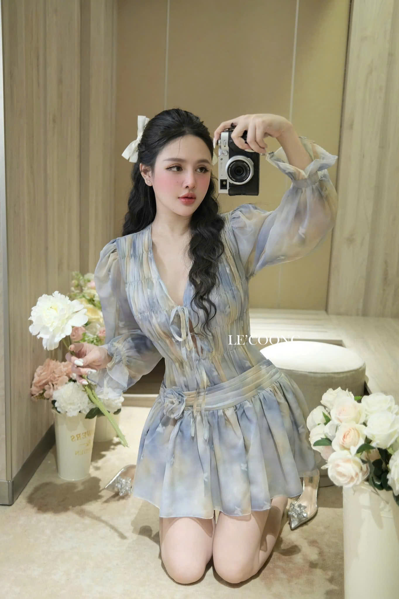 Mô tả Váy Tiểu Thư Voan Tơ Hồng Xanh Dáng Ngắn Tay Bồng  LECOONG V749  Đầm Hoa Đi Biển Đẹp Sang Chảnh - 4