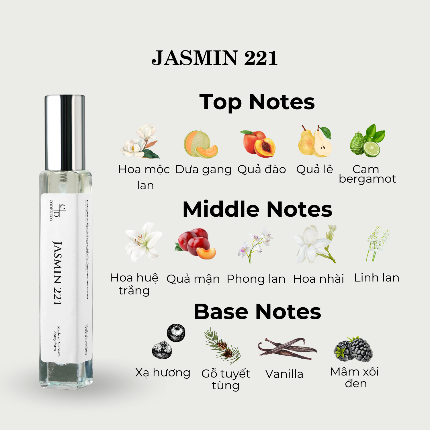 Mô tả Tinh dầu thơm nữ CODEDECO Jasmin 221 10ml dạng xịt - Thanh lịch, Nhẹ nhàng, Sang trọng - 3