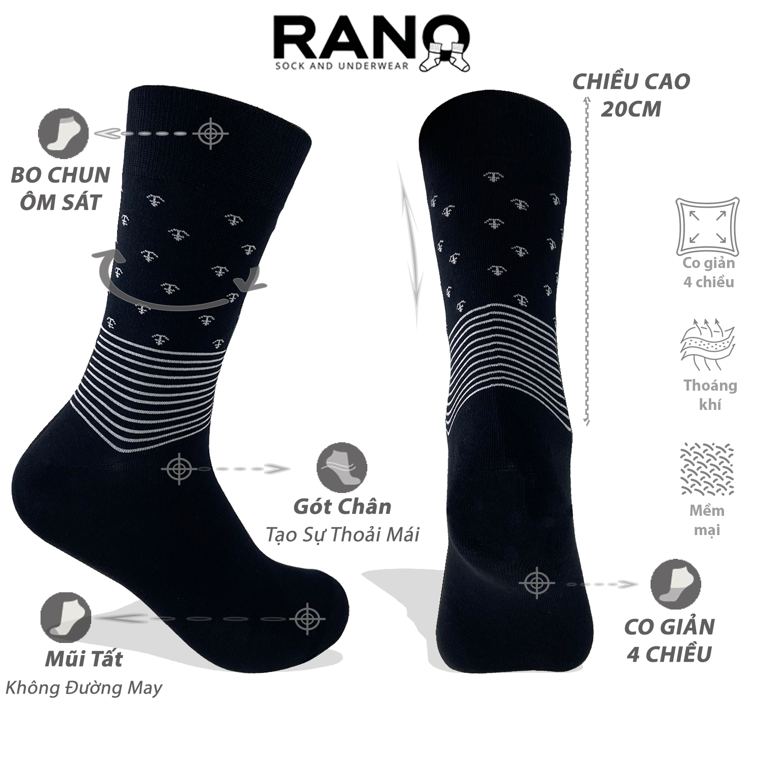 Mô tả Tất Vớ Đen Công Sở Cổ Cao 20 CM Họa Tiết RANO Cotton Tự Nhiên Dày Dặn Êm Ái Thoáng Khí Khử mùÌ CB5_NEO - 2