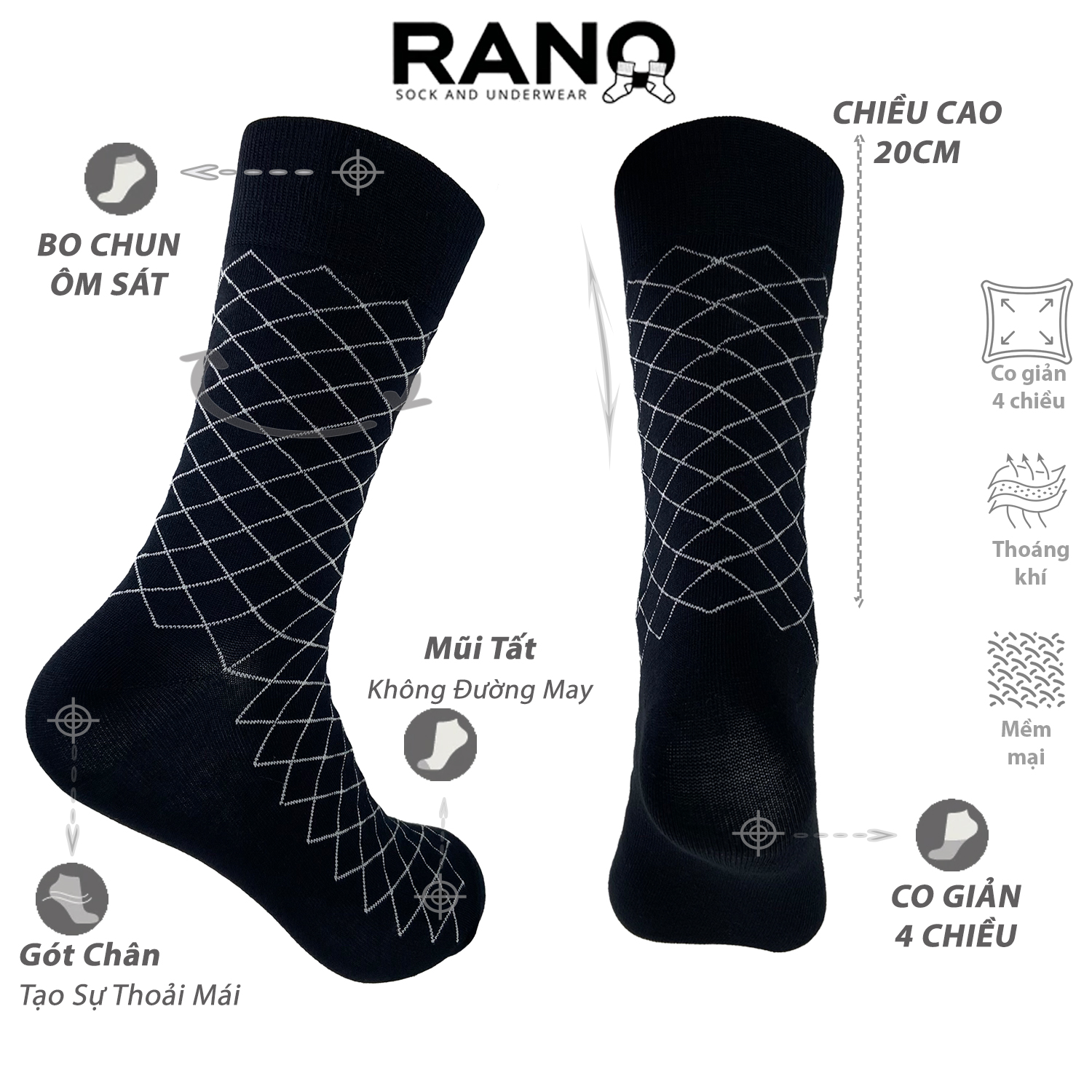 Mô tả Tất Vớ Đen Công Sở Cổ Cao 20 CM Họa Tiết RANO Cotton Tự Nhiên Dày Dặn Êm Ái Thoáng Khí Khử mùÌ CB5_NEO - 4