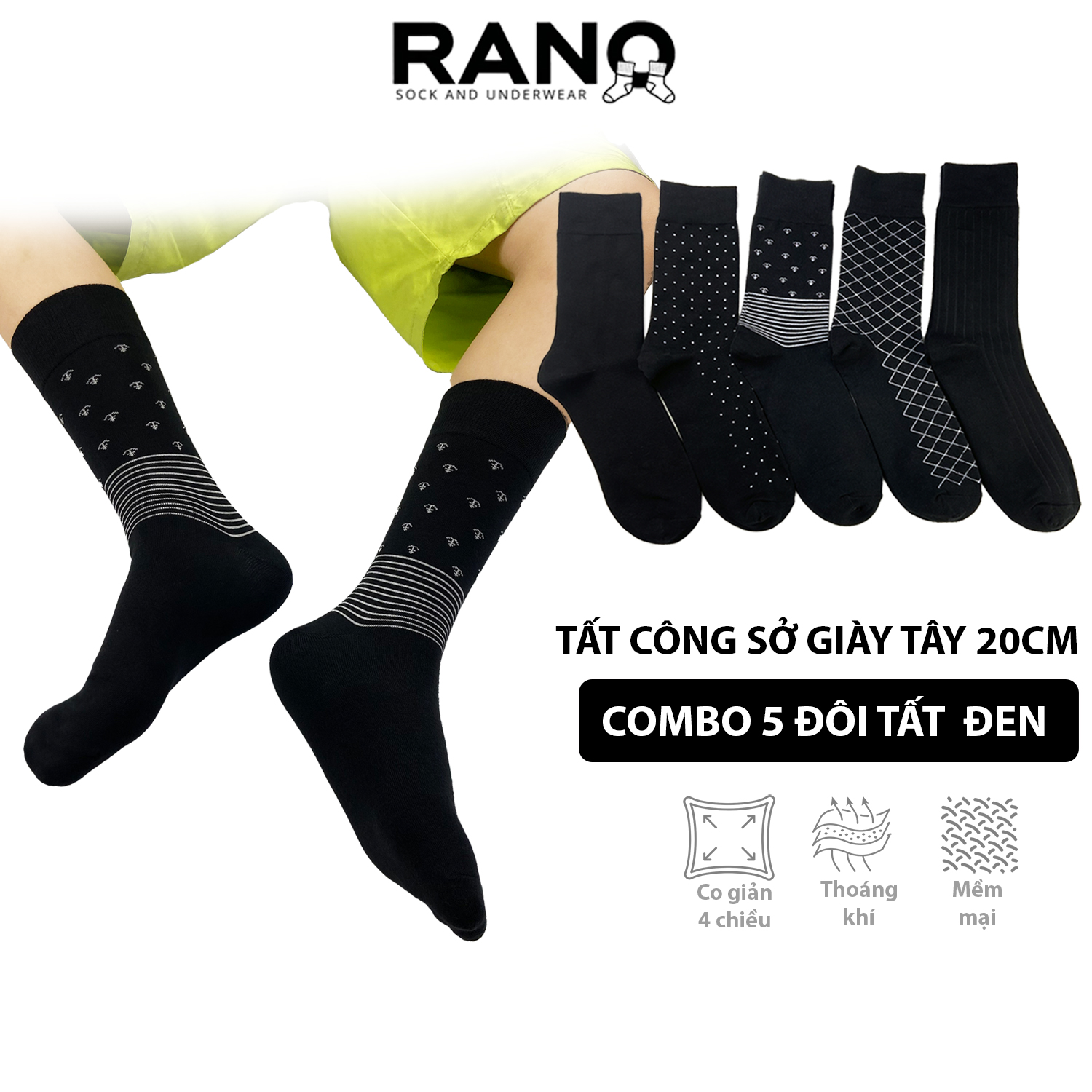 Mô tả Tất Vớ Đen Công Sở Cổ Cao 20 CM Họa Tiết RANO Cotton Tự Nhiên Dày Dặn Êm Ái Thoáng Khí Khử mùÌ CB5_NEO - 7