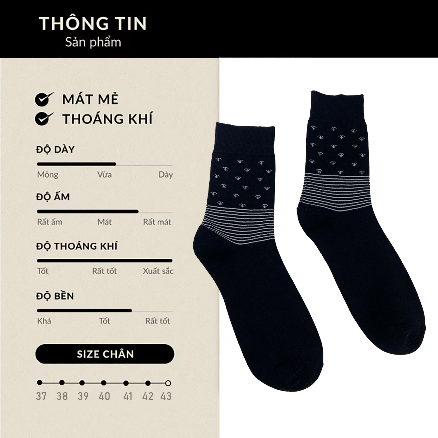 Mô tả Tất Vớ Đen Công Sở Cổ Cao 20 CM Họa Tiết RANO Cotton Tự Nhiên Dày Dặn Êm Ái Thoáng Khí Khử mùÌ CB5_NEO - 9