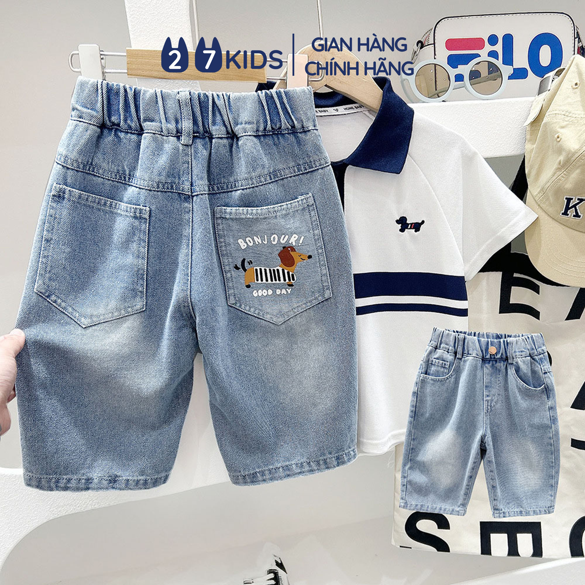 Mô tả Quần short jean bé trai 27Kids KACADY Quần đùi bò mềm lưng chun nam cho trẻ từ 5-14 tuổi BSJE4 - 1