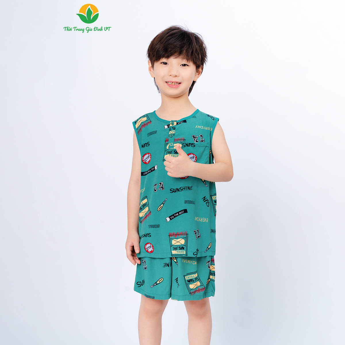 Mô tả Bộ lanh tole bé trai quần đùi , áo sát nách viền cổ họa tiết thời trang Việt Thắng - B62.5020 - 5