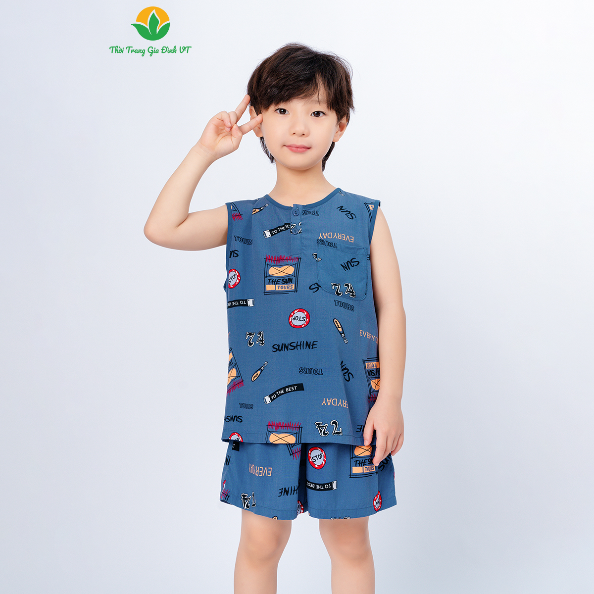 Mô tả Bộ lanh tole bé trai quần đùi , áo sát nách viền cổ họa tiết thời trang Việt Thắng - B62.5020 - 8