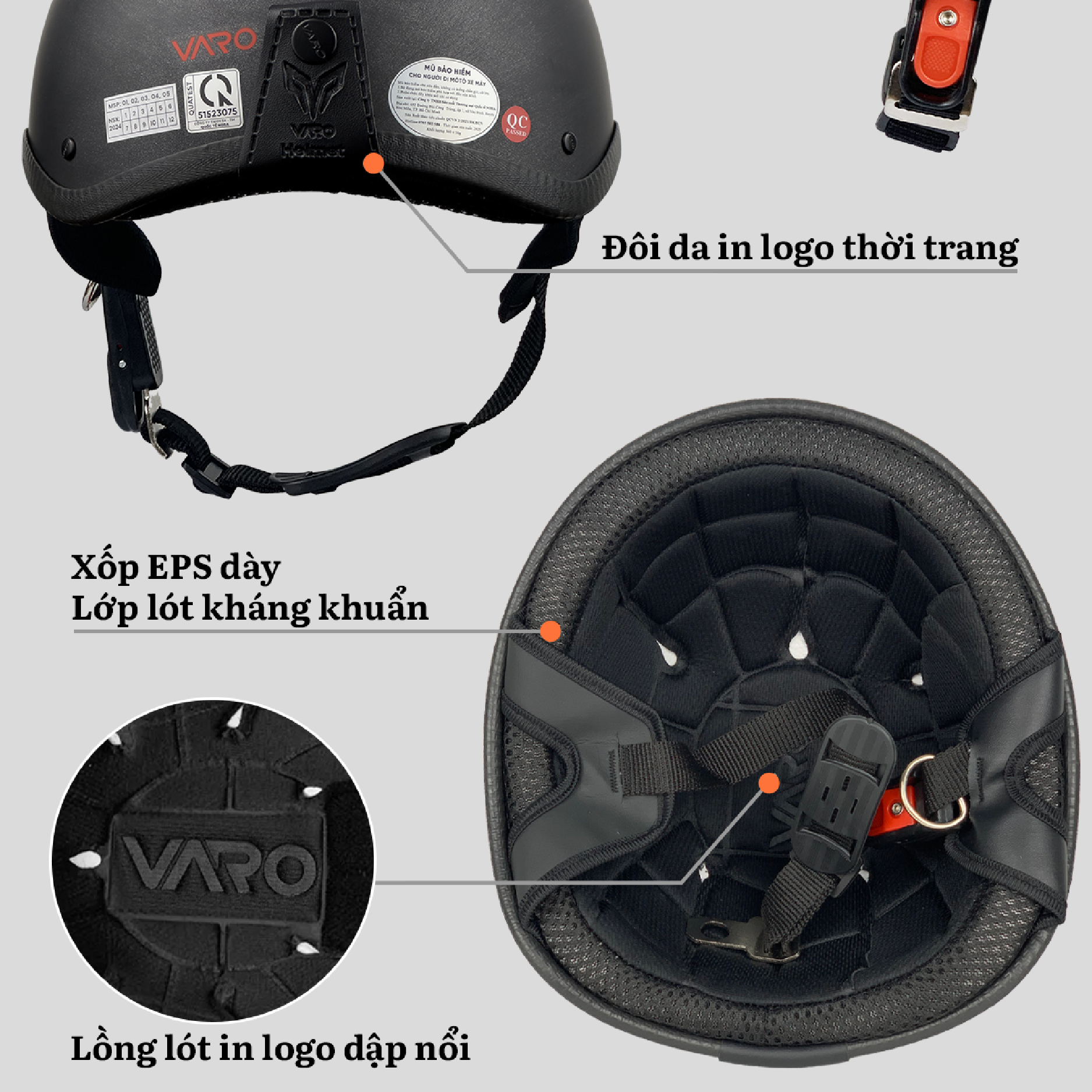 Mô tả Mũ Bảo Hiểm Nửa Đầu VARO Scratch Xước Freesize Dành Cho Nam &Nữ Đạt Chuẩn Quatest 2 Bao Đập Bao Test - 6