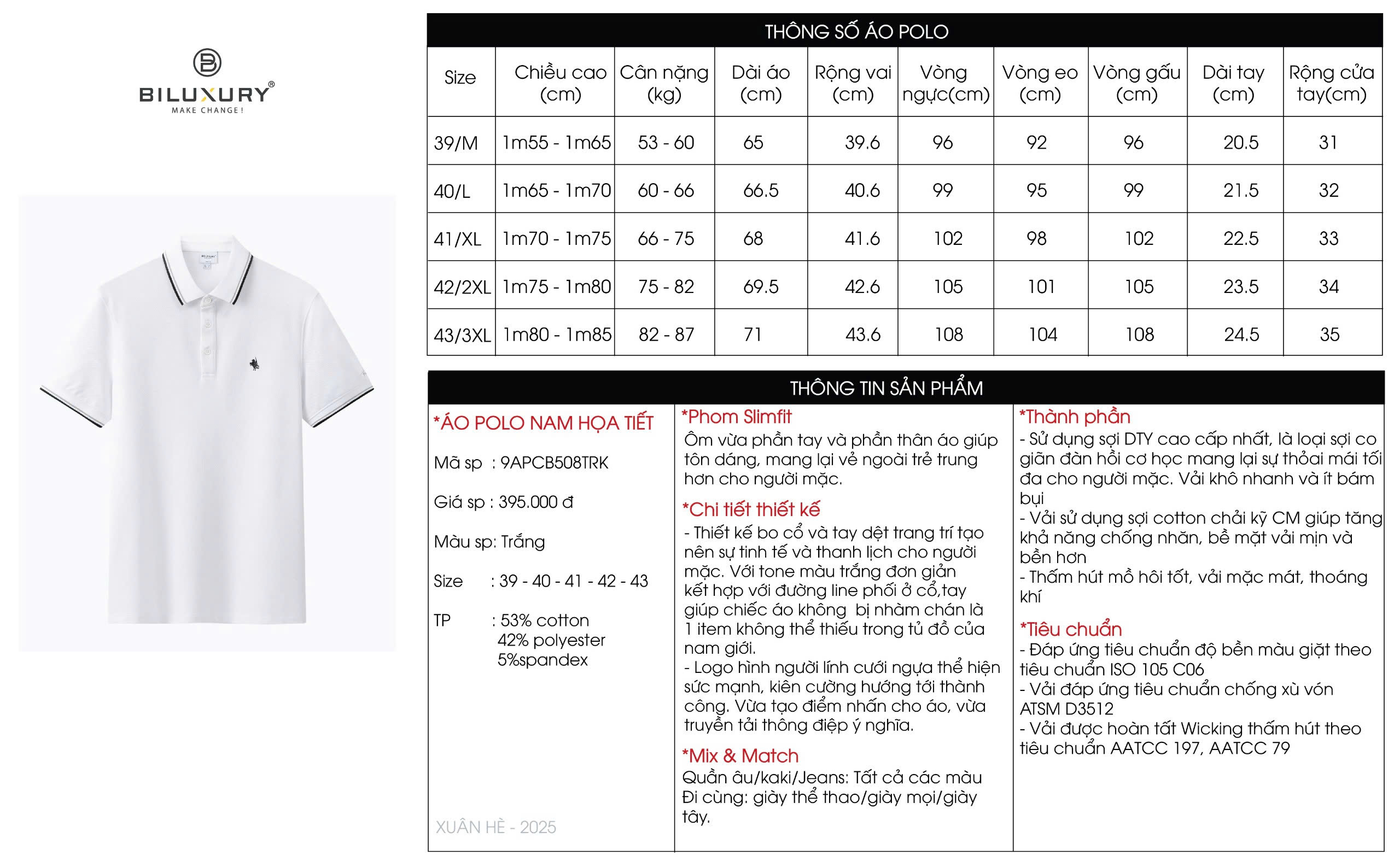 Mô tả Áo Polo Nam Biluxury 9APCB508 Form Slimfit Logo Thánh Gióng Co Giãn Thấm Hút Bền Màu - 1