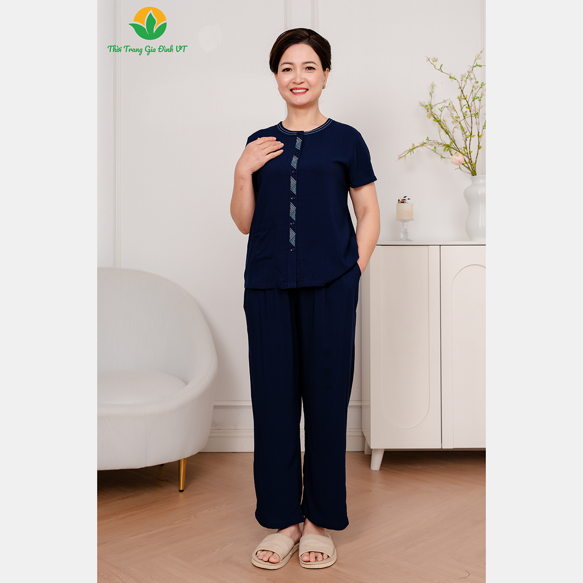 Mô tả Đồ bộ lanh trung niên mặc nhà quần dài, áo cộc tay có túi thời trang Việt Thắng - B28.5028 - 3
