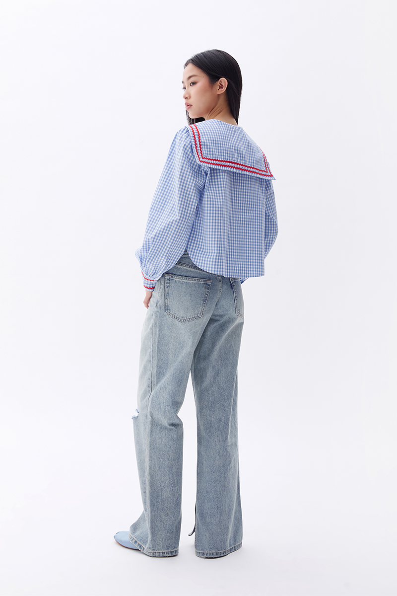 Mô tả TheBlueTshirt - Áo kiểu kẻ sọc caro cổ thuỷ thủ viền ren zigzag cho nữ - School Girl Shirt - Women - 1