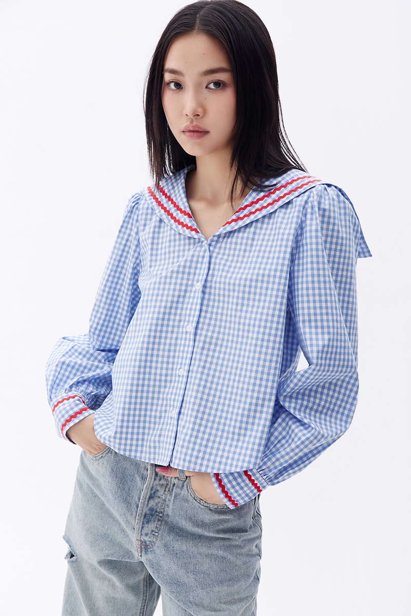 Mô tả TheBlueTshirt - Áo kiểu kẻ sọc caro cổ thuỷ thủ viền ren zigzag cho nữ - School Girl Shirt - Women - 2