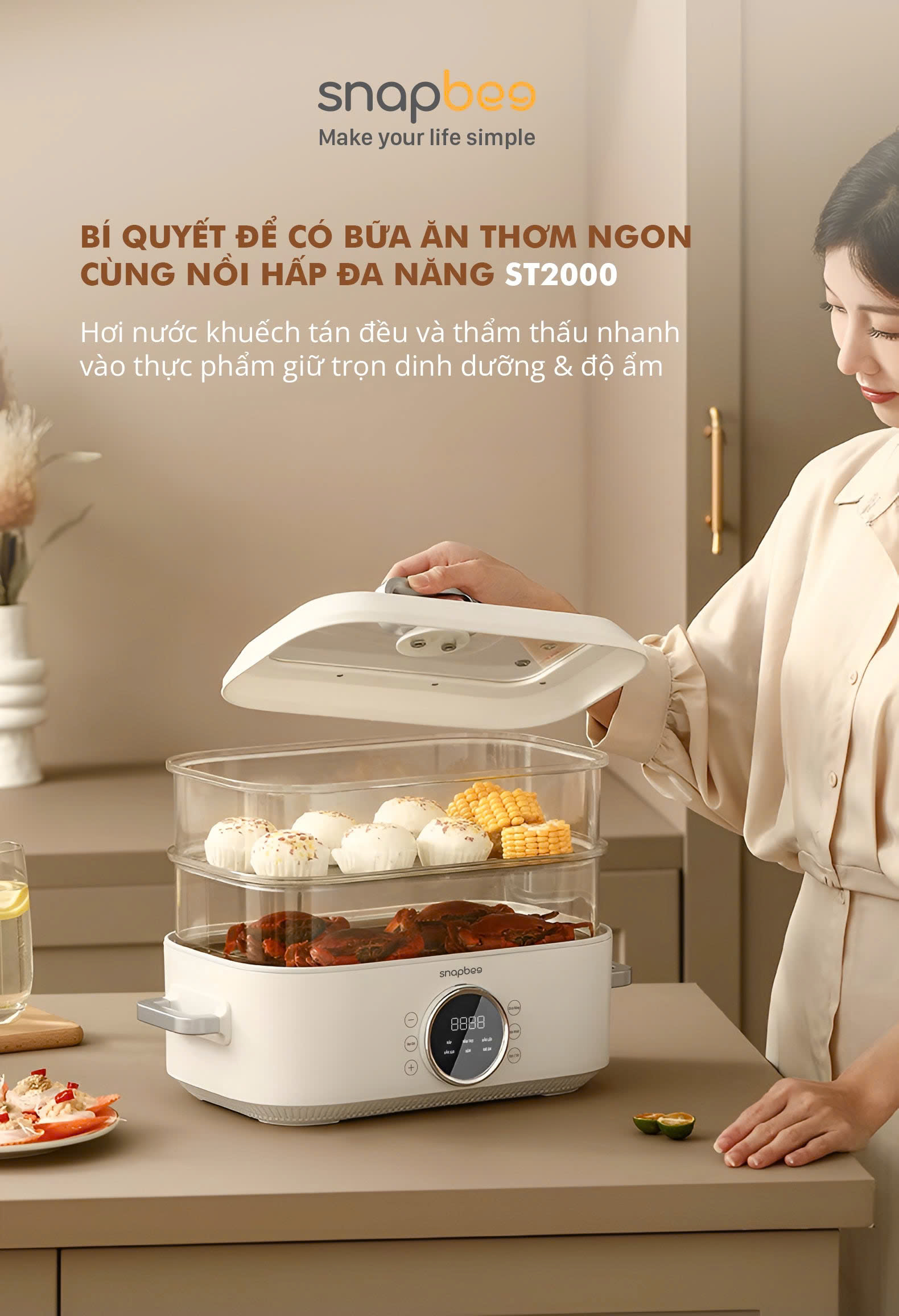 Mô tả Nồi Hấp Lẩu Điện 3 Tầng 20L SNAPBEE ST2000_5 Mức Nhiệt_Kháng Khuẩn_Không Gây Mùi [Snap Kitchen] - 1