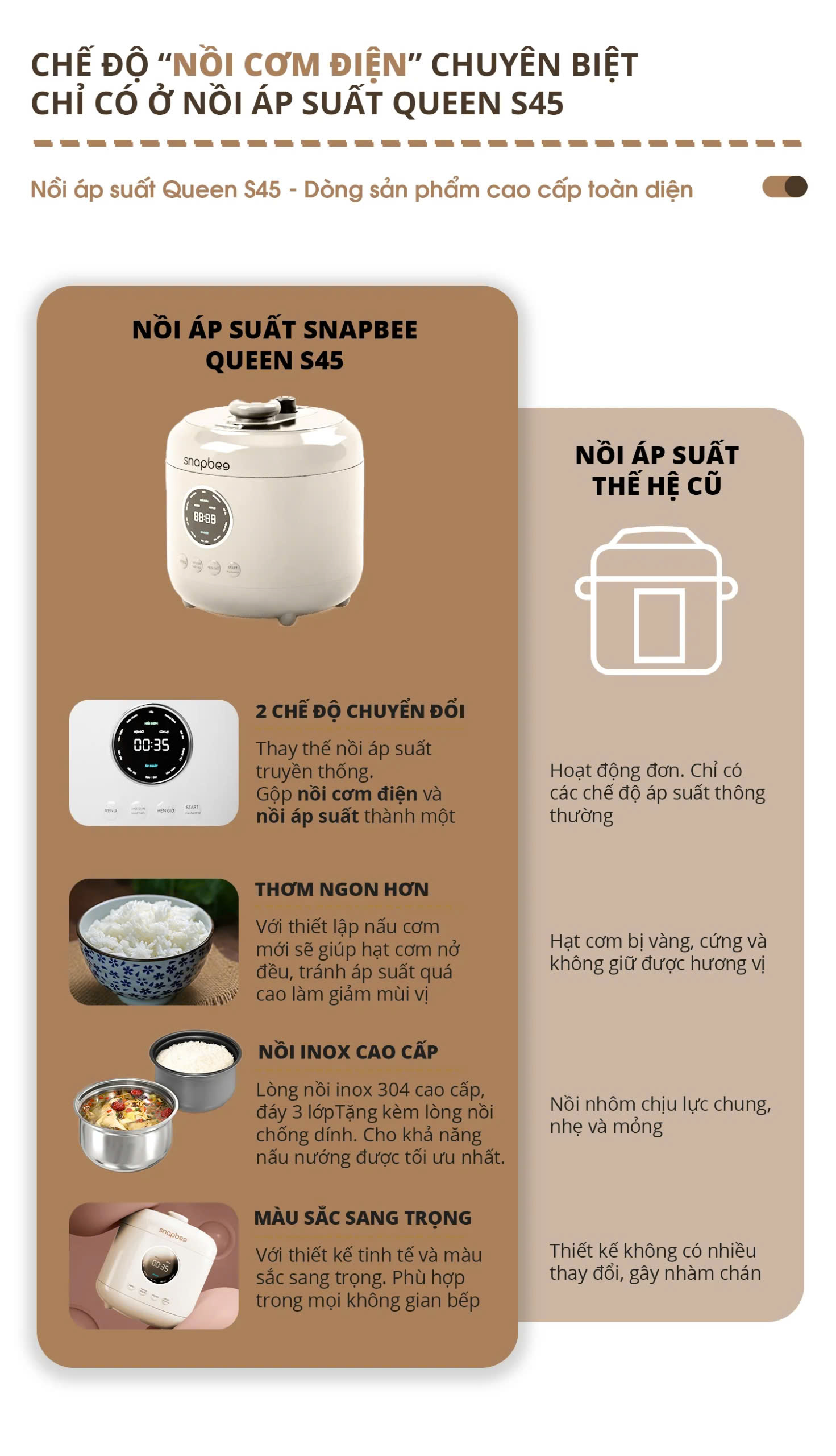 Nồi áp suất Snapbee Queen S45 với nhiều chế độ nấu