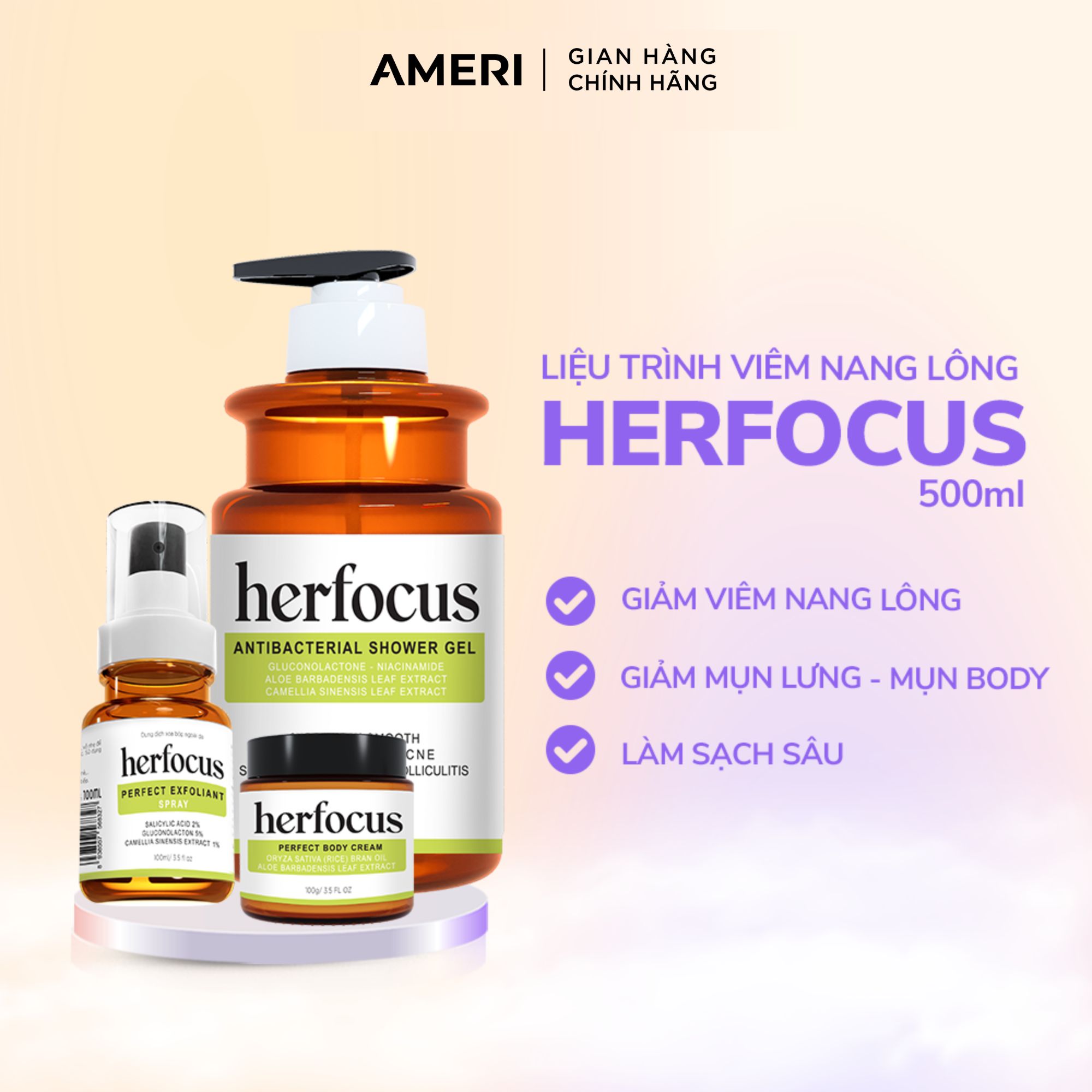 Mô tả Bộ viêm nang lông, viêm lỗ chân lông, Xịt mụn lưng HERFOCUS ngăn ngừa mụn, giảm thâm MEE NATURAL - 2