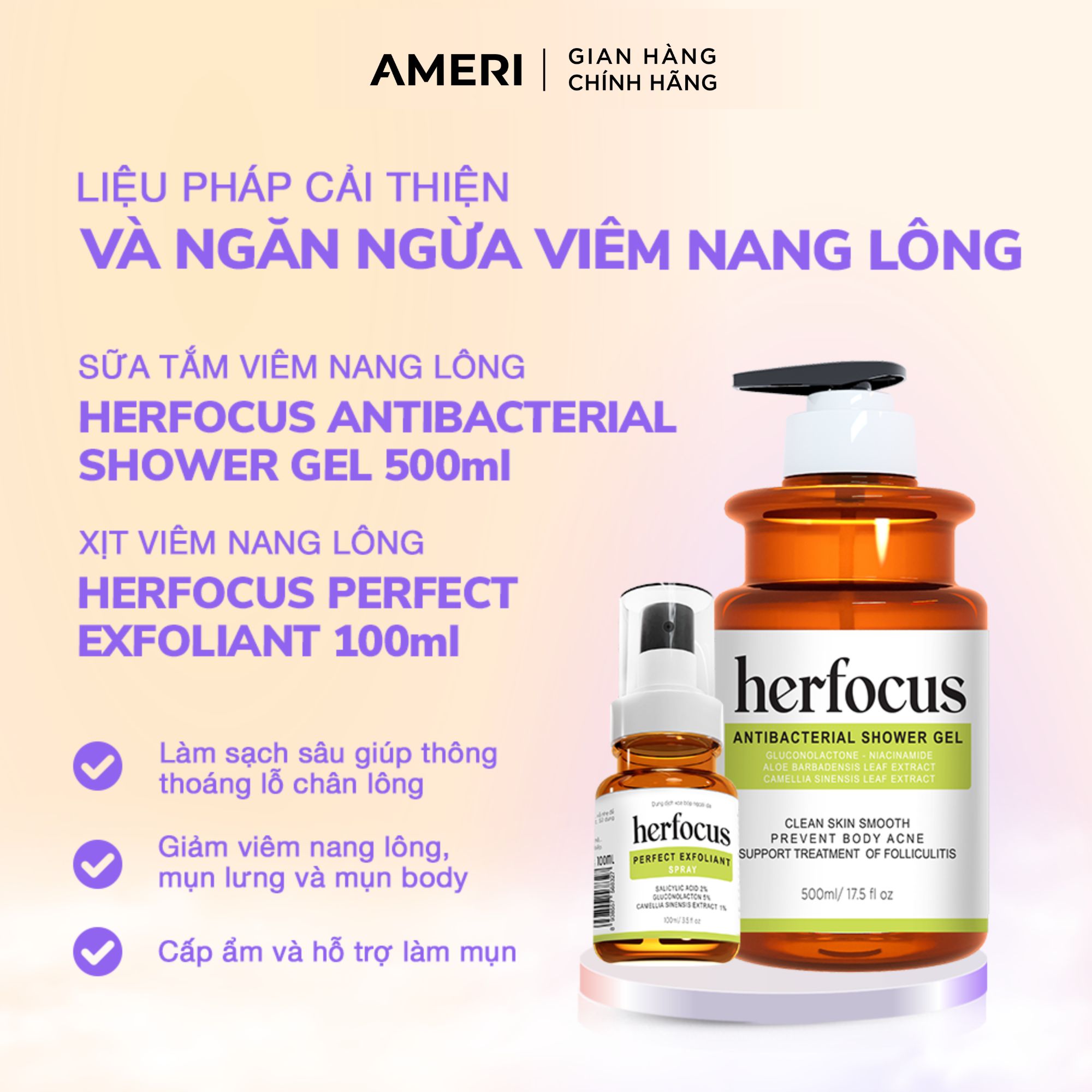 Mô tả Bộ viêm nang lông, viêm lỗ chân lông, Xịt mụn lưng HERFOCUS ngăn ngừa mụn, giảm thâm MEE NATURAL - 4