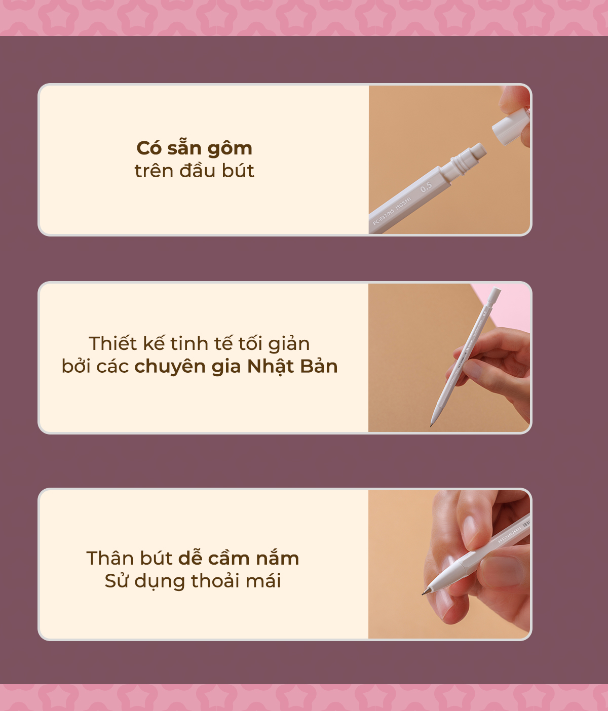 Mô tả Bút chì bấm Hoshi Thiên Long PC-037/HS công nghệ Nhật Bản - viết chì ngòi 0.5mm thiết kế tối giản, sẵn gôm trên nắp - 3