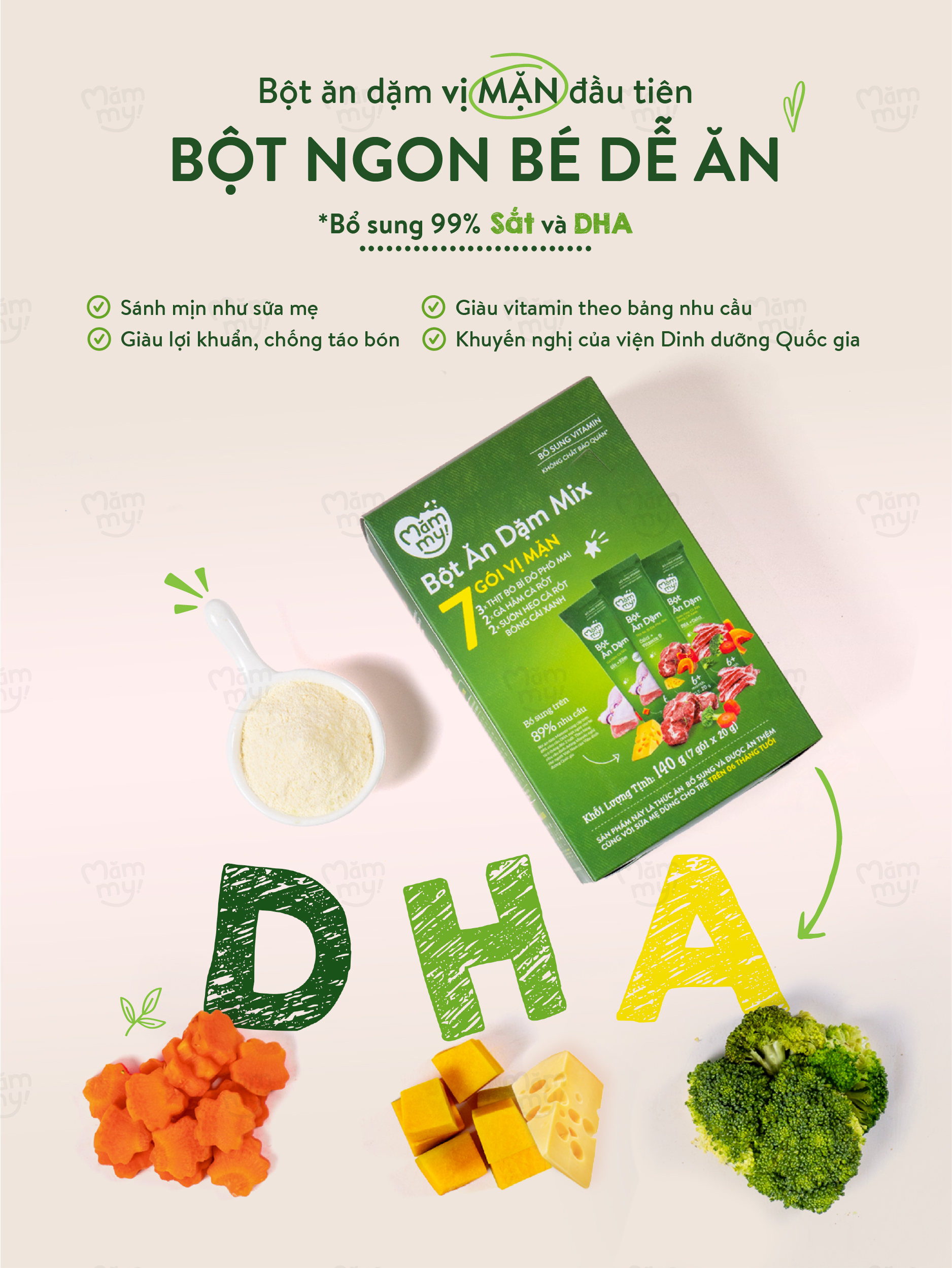 Mô tả Bột ăn dặm mix vị Mămmy bổ sung DHA, canxi, sắt giúp bé phát triển khỏe mạnh, thông minh, hộp 7 gói - 3