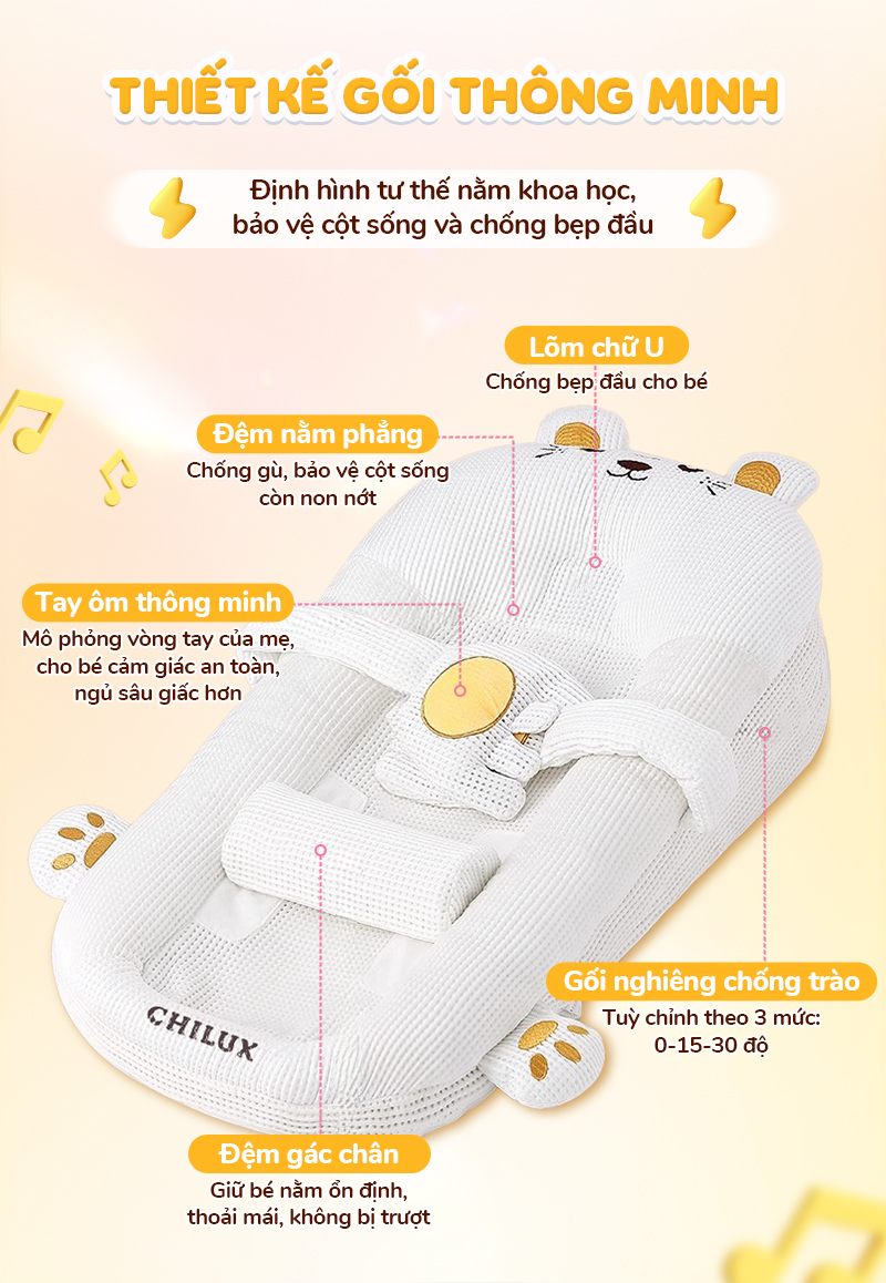 Mô tả Gối chống trào ngược cho bé Hổ vàng Chilux - Thiết kế 3 nấc nghiêng tùy chỉnh, gối định hình - 5
