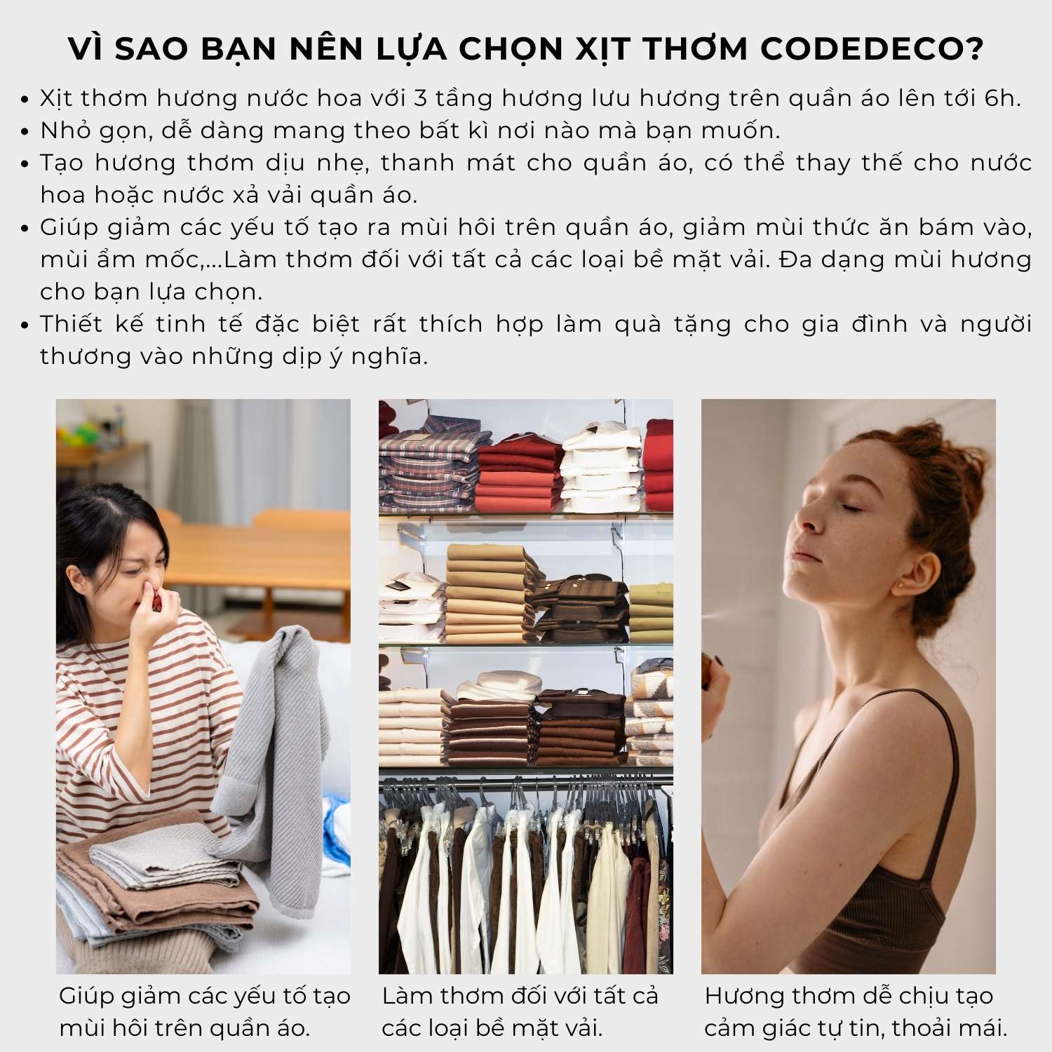 Mô tả COMBO 3 chai xịt thơm bodymist hương nước hoa CODEDECO 30ml, 3 tầng hương, lưu hương lên tới 6h - 8
